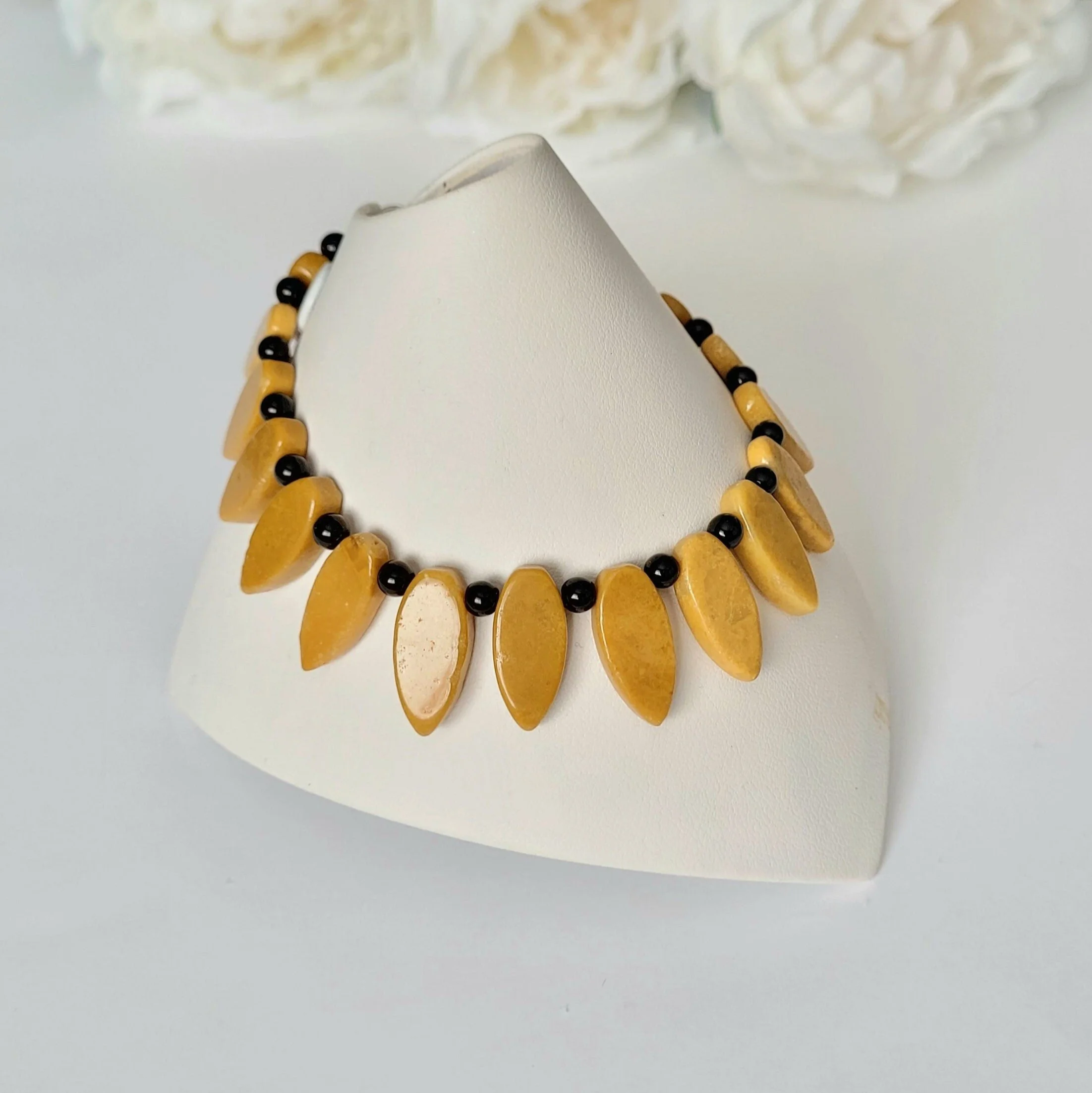 Yellow jasper and obsidian bracelet,  with honeycomb yellow jasper beads and silver lobster clasp
