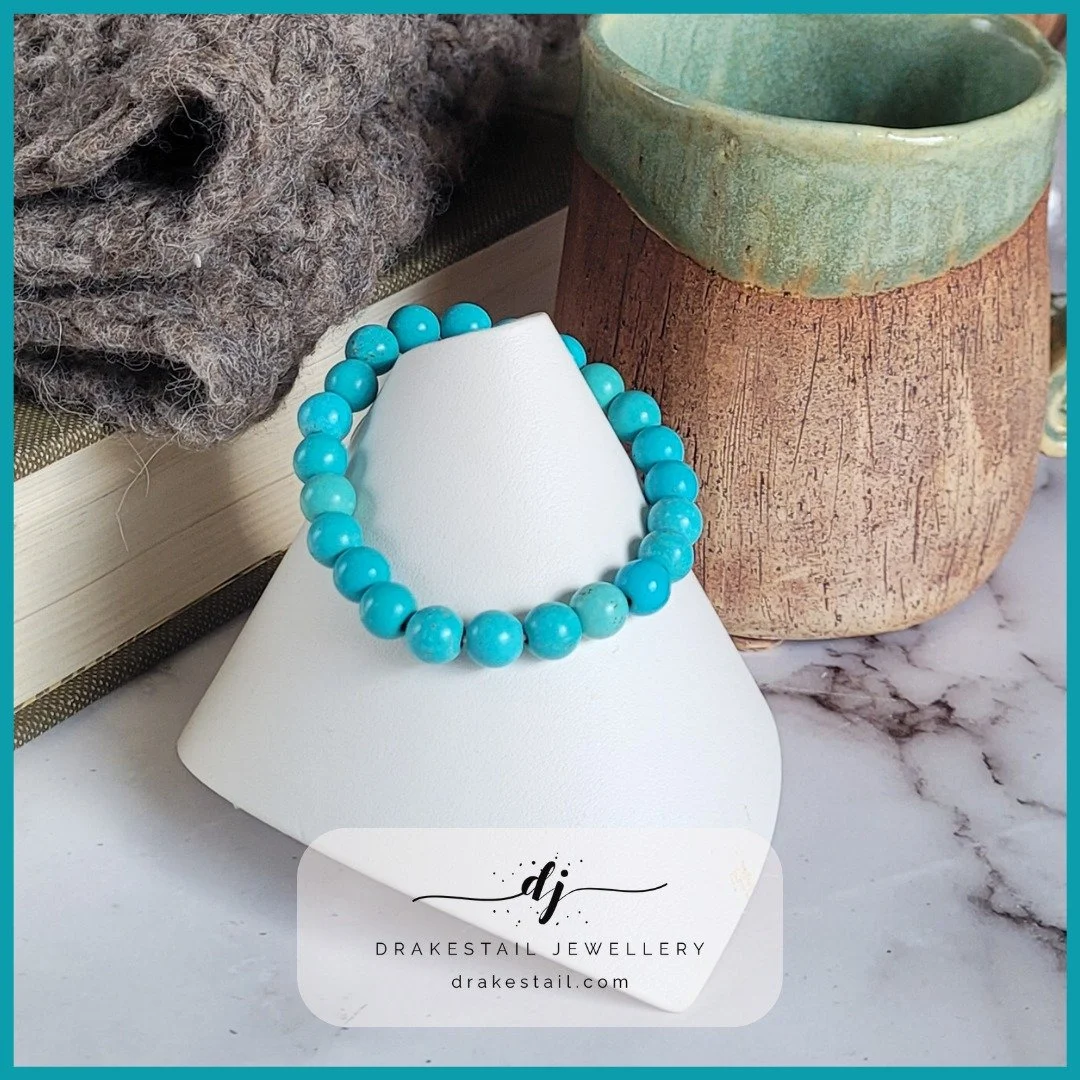 This magnesite stretch bracelet is easy to wear, stackable, and fits most wrists comfortably. 

Get yours now at drakestail.com. Link in bio!

#gemstonebracelet #accessiblejewelry #artisanjewelry #bluejewelry #madeinCanada