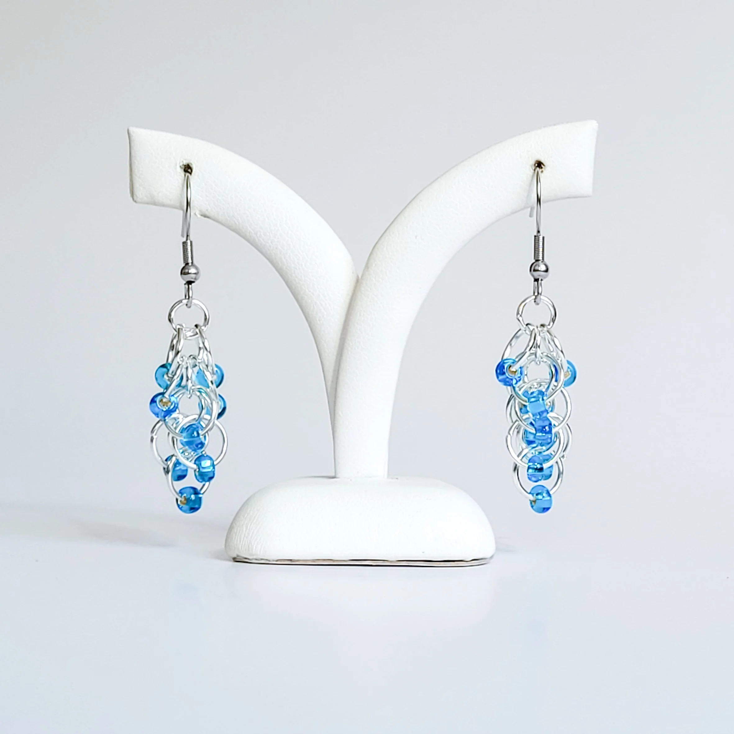 Metallic blue and silver chainmaille earrings, Rhumba earrings