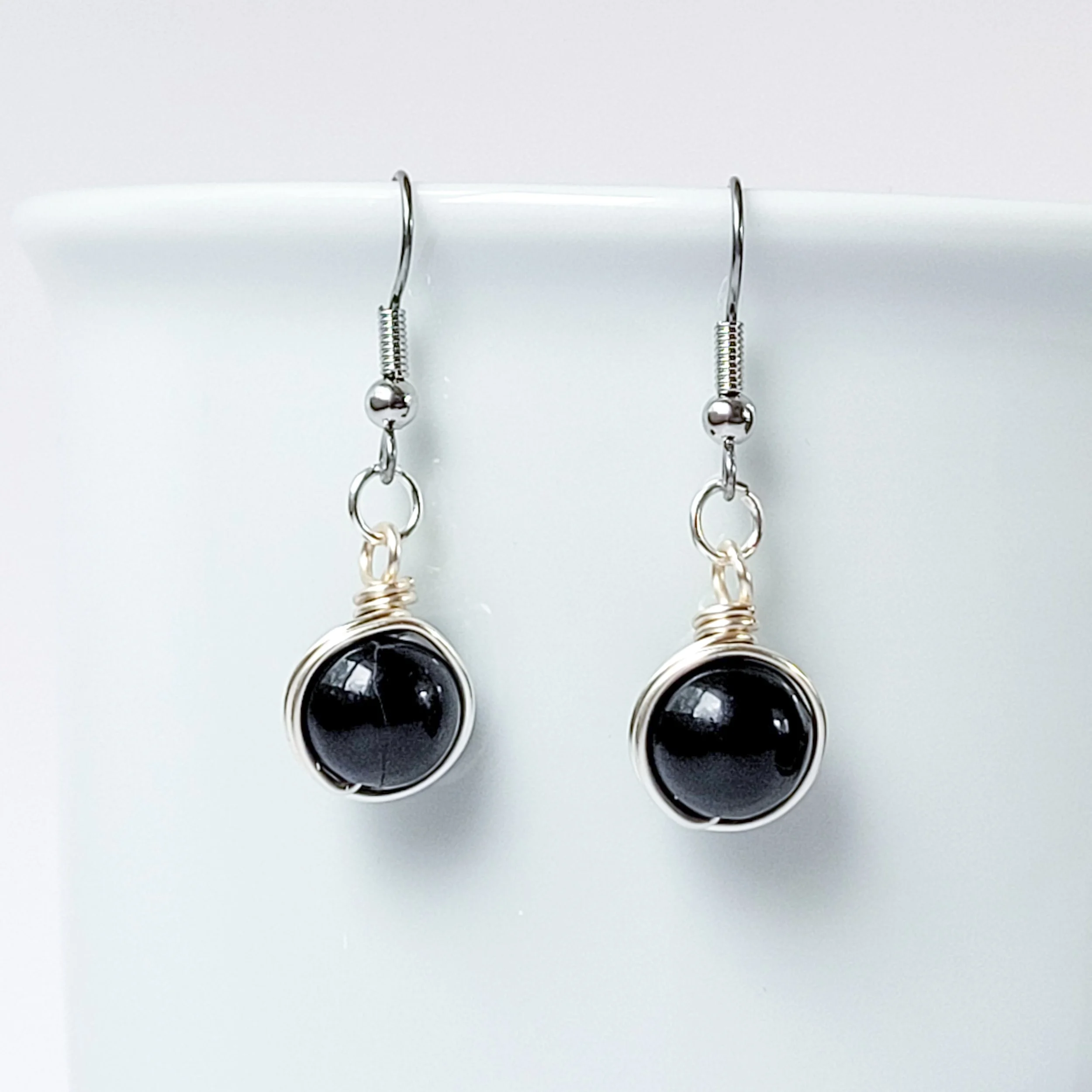 Orbit earrings in black agate, simple  gemstone drop earrings