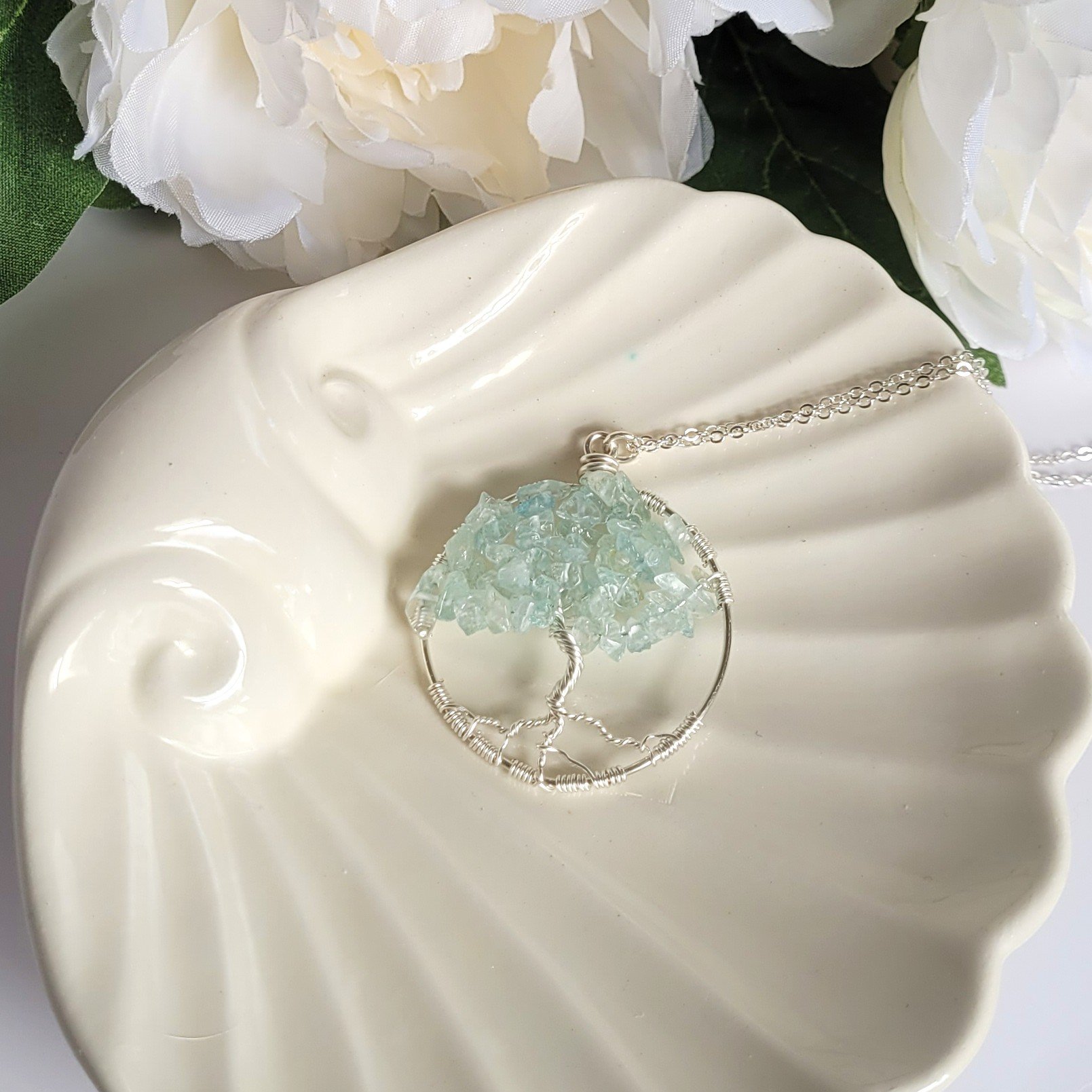 Aquamarine Tree of life necklace, handcrafted wire-wrapped silver pendant