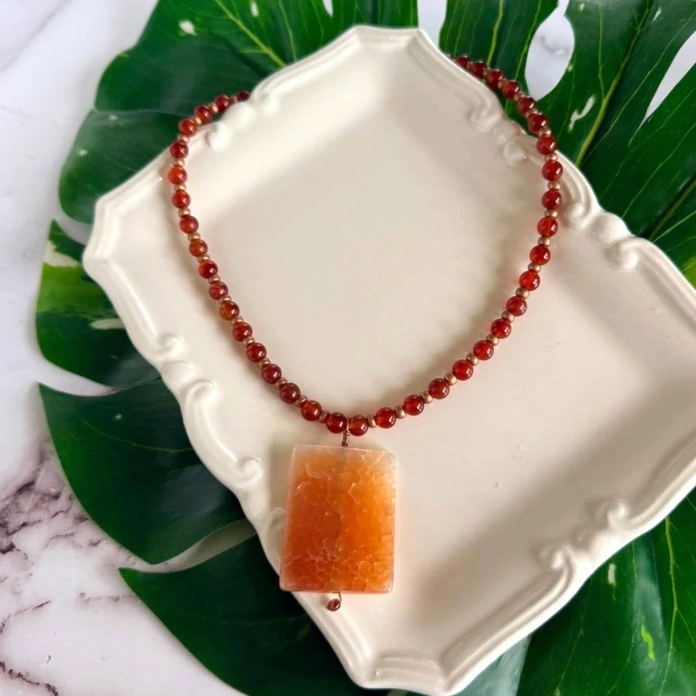 Carnelian and copper necklace with fire agate pendant "On fire"