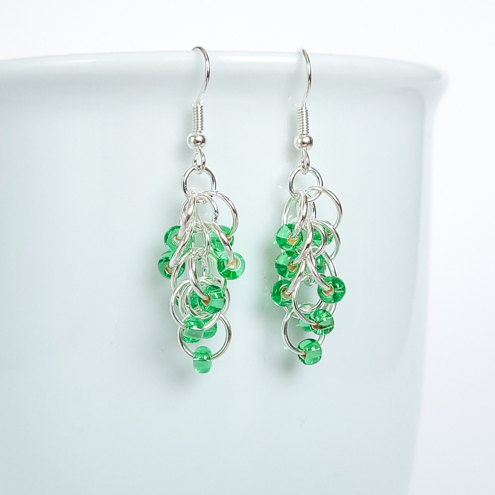 Light green and silver chainmaille earrings, Rhumba collection, handcrafted in Canada