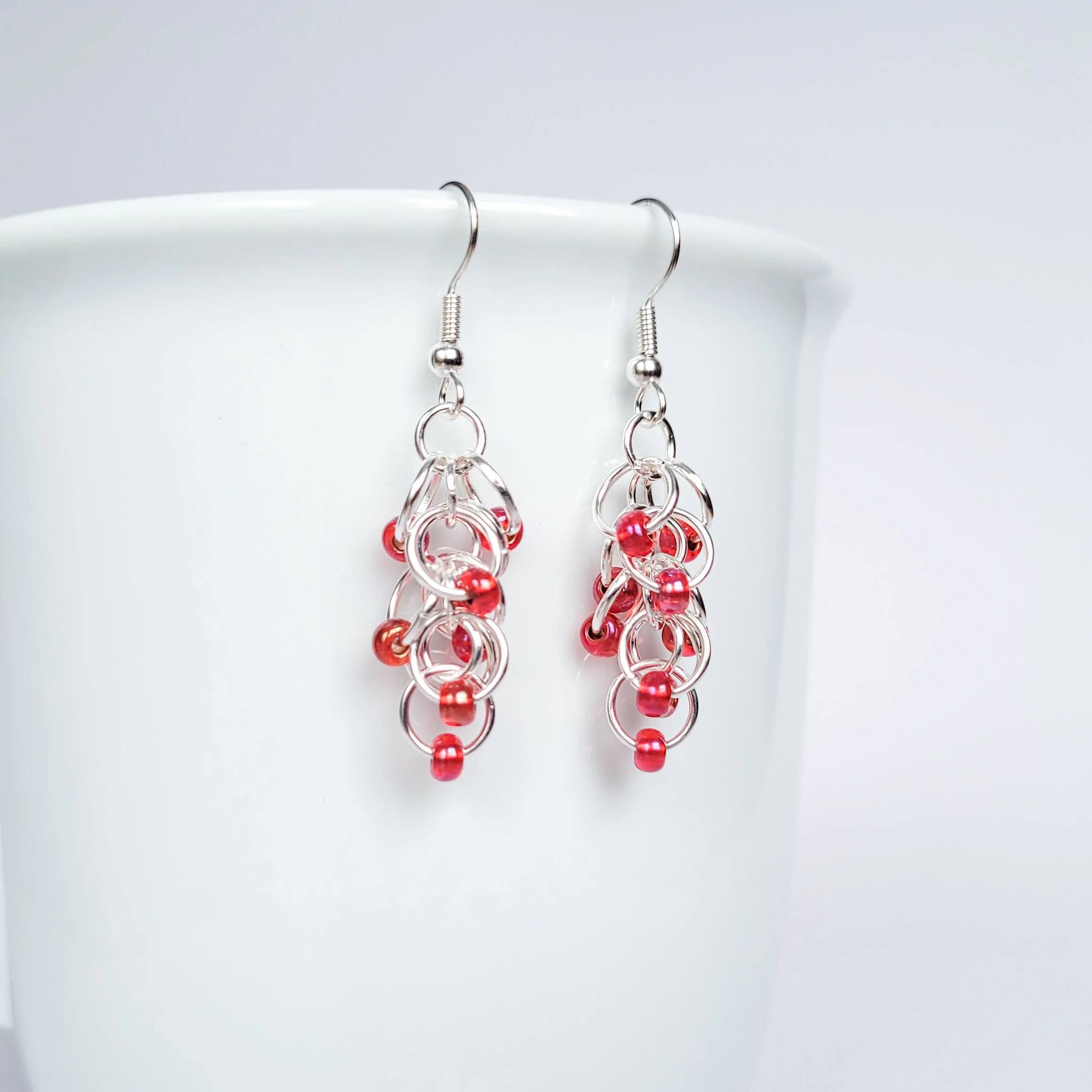 Cherry red and silver chainmaille earrings, Rhumba earrings, everyday wear from day to night, gift ideas for her