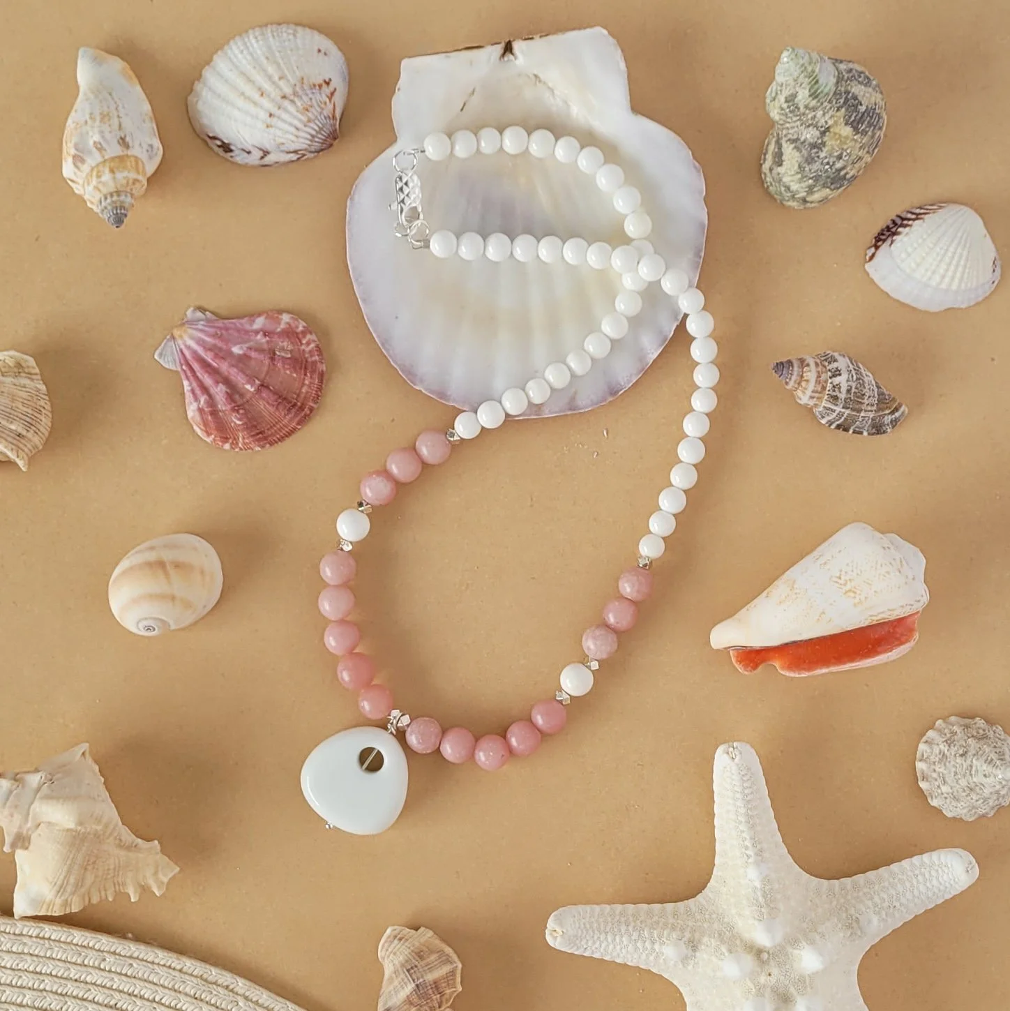 Pink Lepidolite, Mother of Pearl & White Agate Necklace, soothing hues for your relaxing summer style.