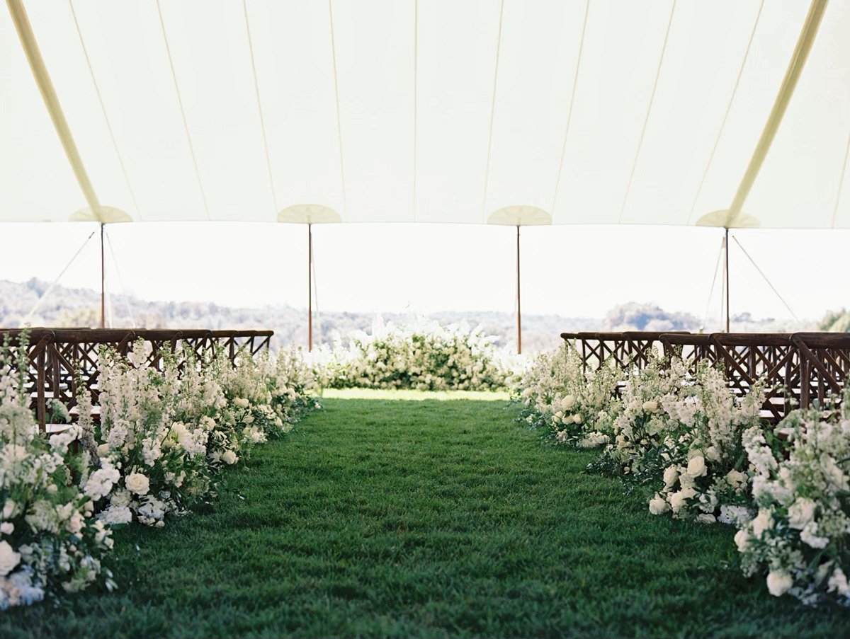 Ashbourne Farms Wedding Aisle with Florals and Sail Cloth Tent