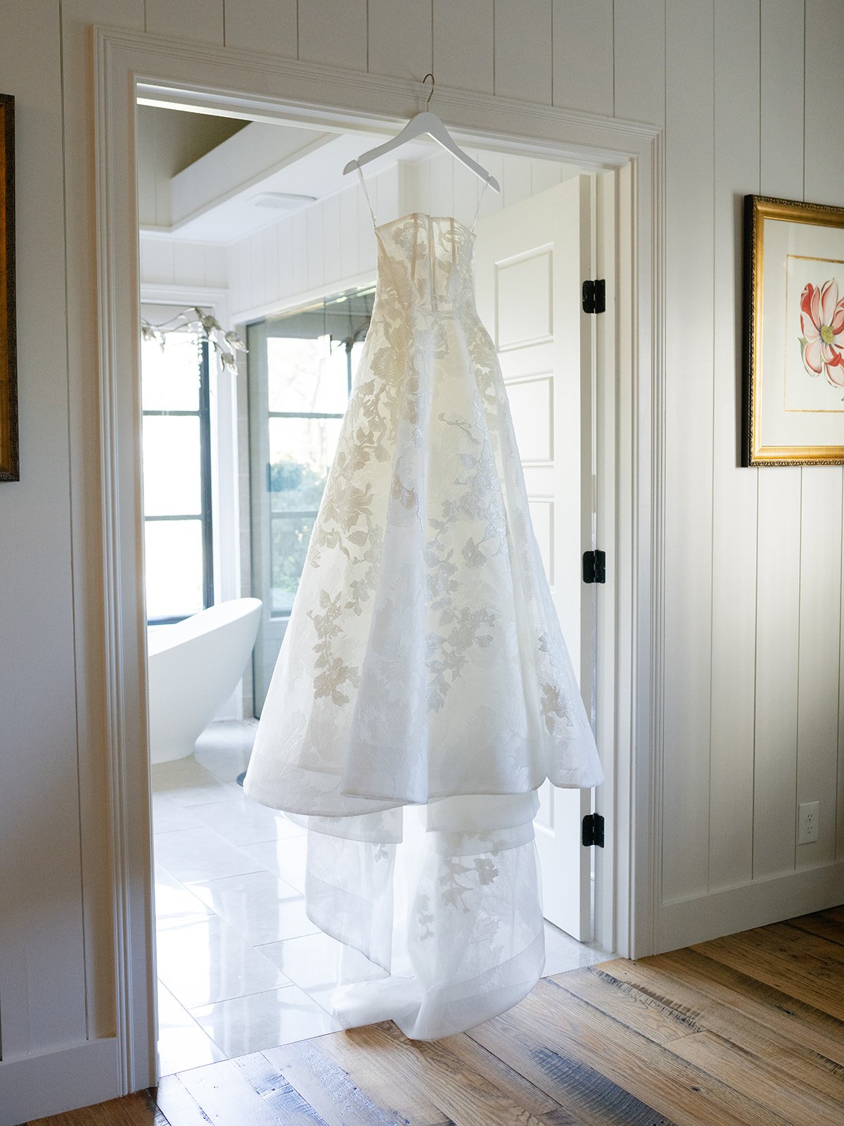 Brides dress hanging on the drake family farm in kentucky