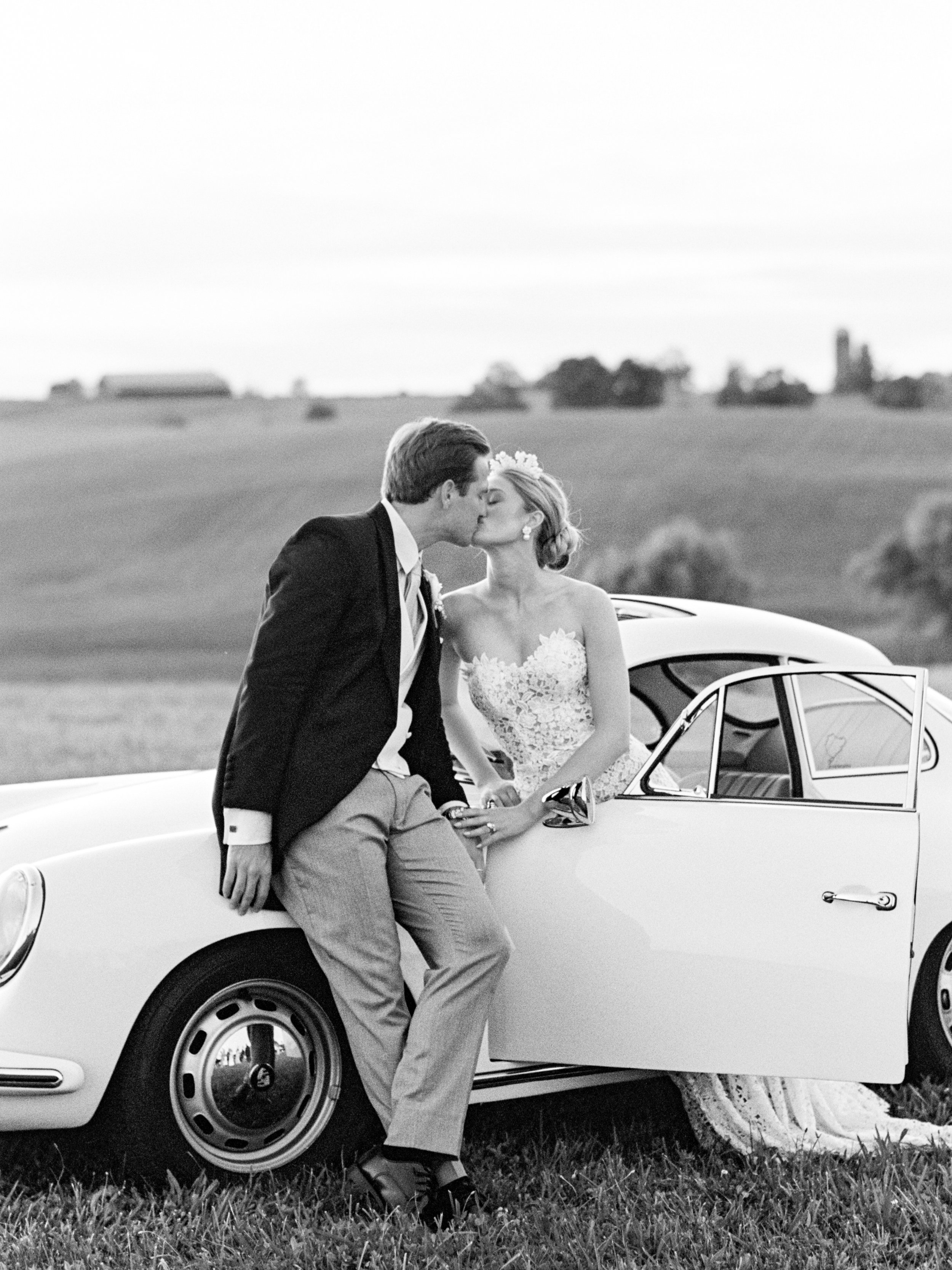 Lucie Lott wedding portrait with vintage porsche and lexington horse farm