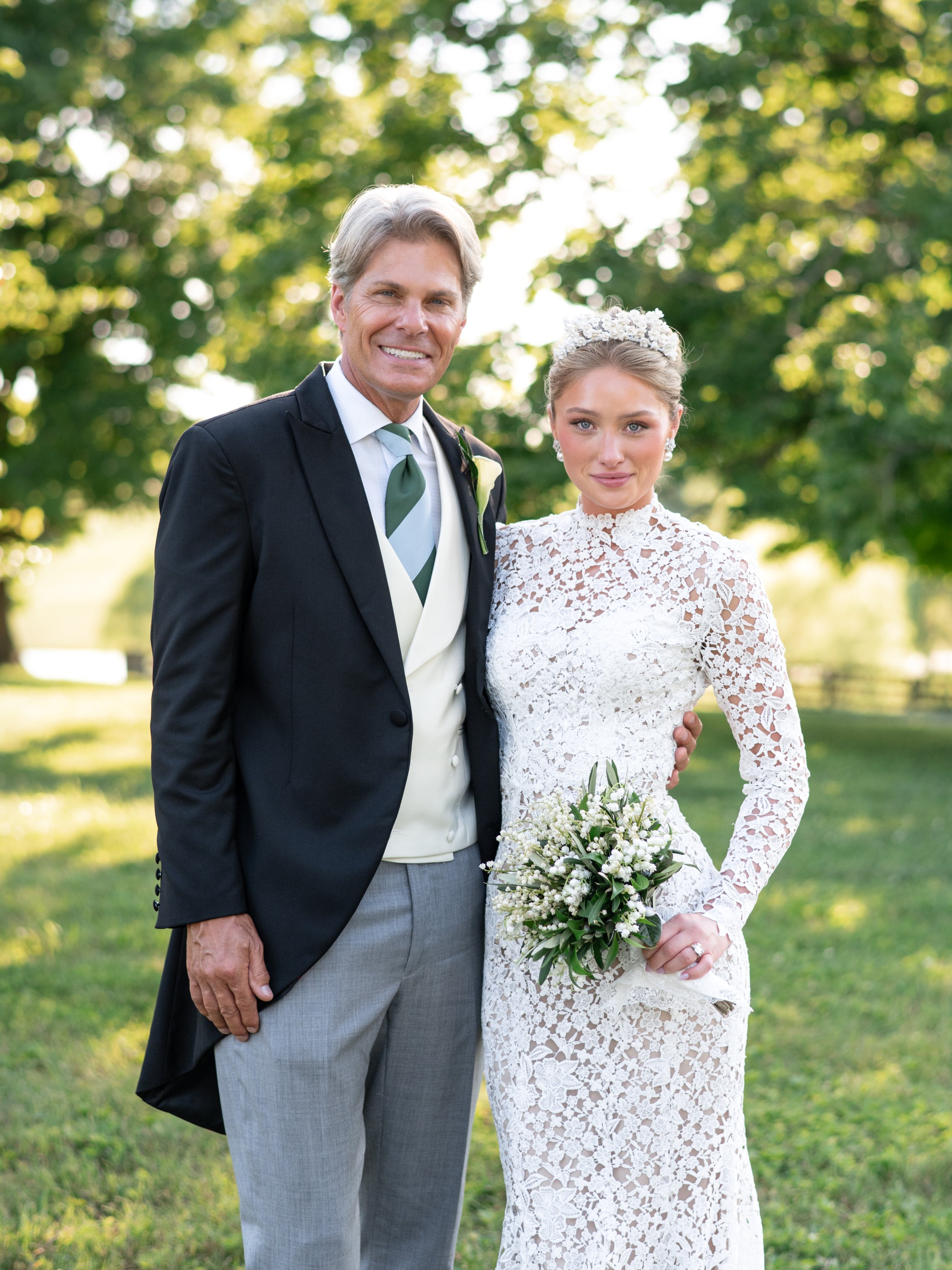 Chet Lott with his daughter Lucy Lott on her wedding day at Augustus Hill Farm wearing Stuart Mercer