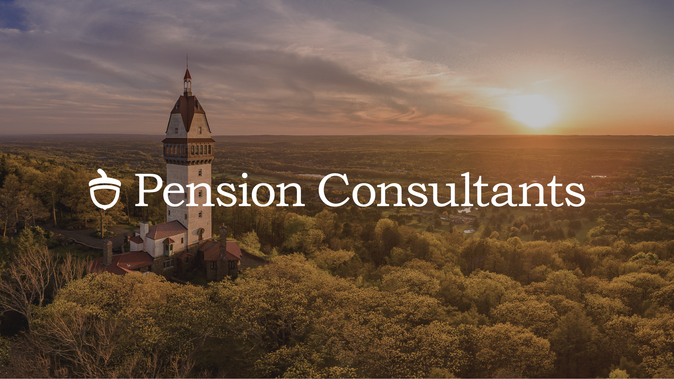 A sunset view of a tall, historic clock tower surrounded by trees, with a distant horizon and a partially cloudy sky. The overlay text reads 'Pension Consultants' with a shield icon.