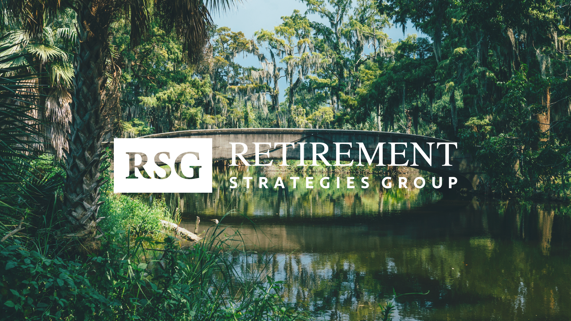 A peaceful nature scene with a wooden bridge over a calm river, surrounded by lush green trees and plants in a dense forest.