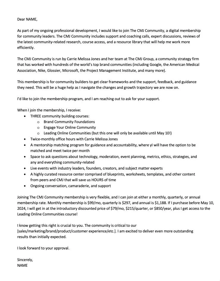 Letter discussing joining the CMJ Community, highlighting benefits like courses, office hours, mentorship, community support, live events, resource center, and flexible membership options.