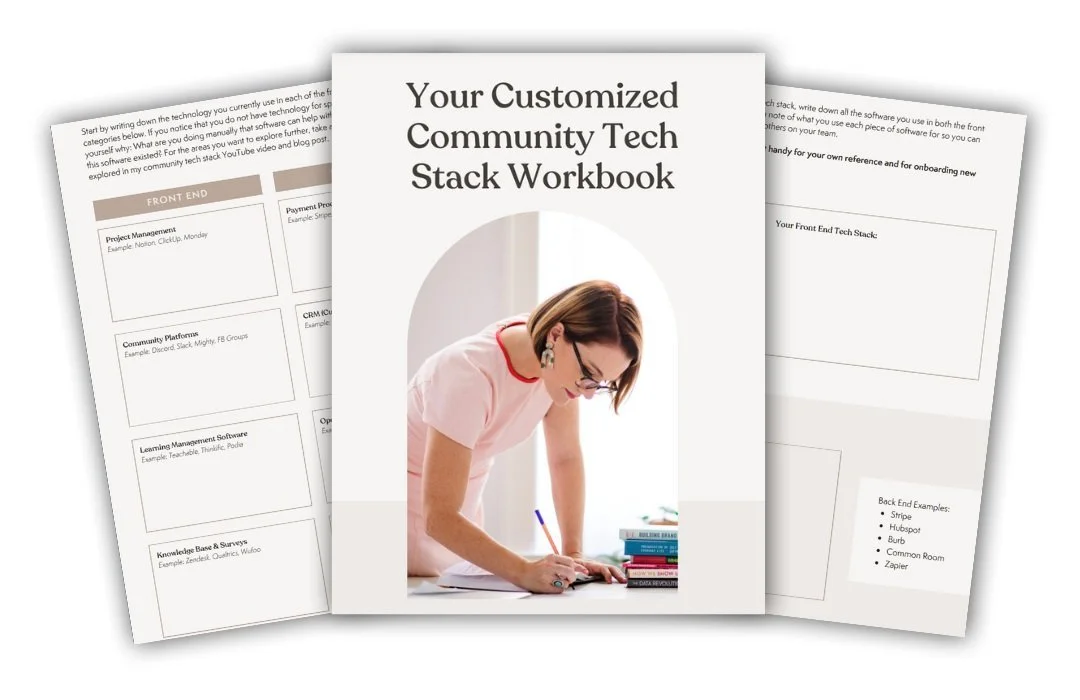 Front cover page of a workbook titled "Your Customized Community Tech Stack Workbook" featuring a woman writing at a desk surrounded by books.