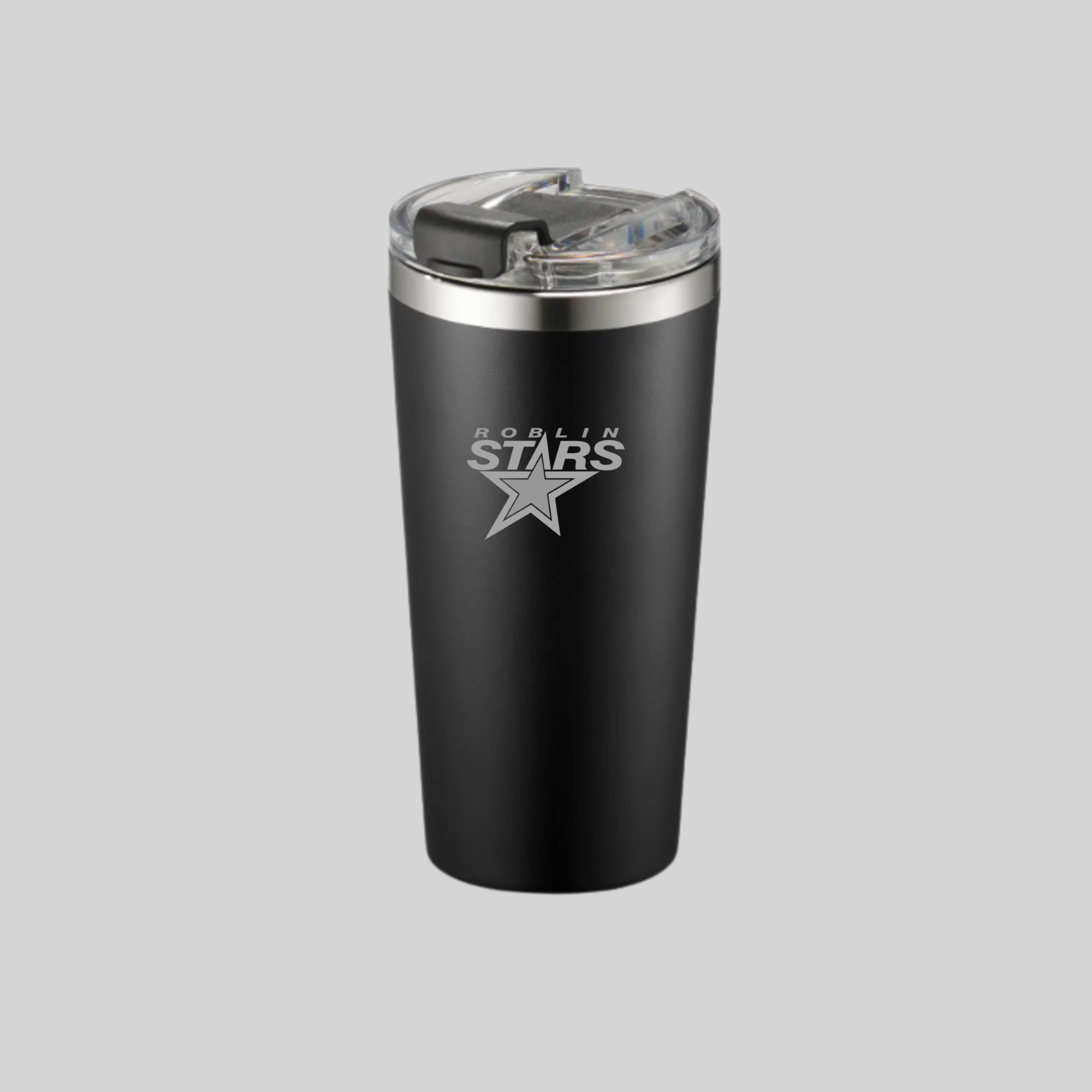 Black insulated tumbler with a custom team logo