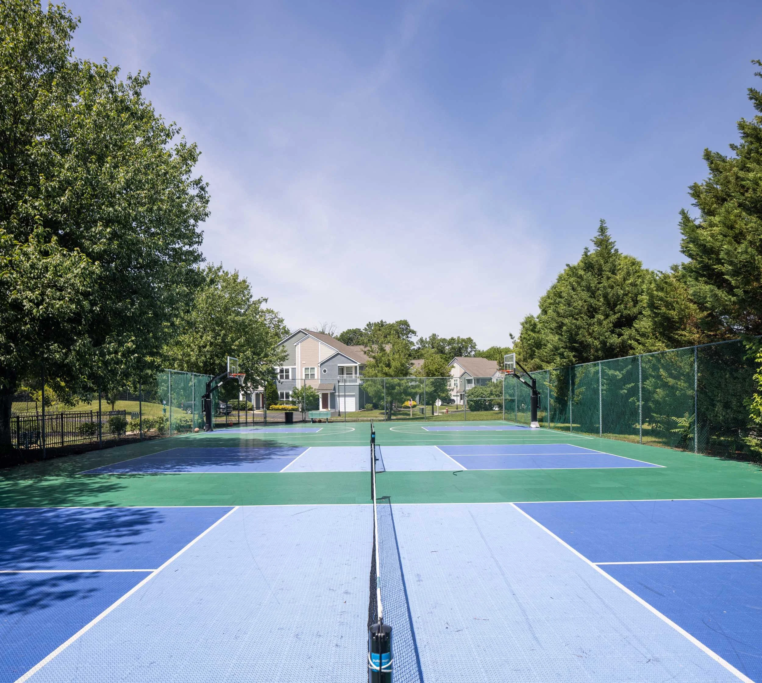 A backyard up-close view of a tennis court surrounded by trees and neighborhood houses under a blue sky.