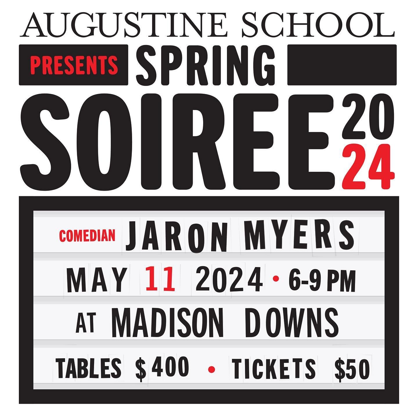 Save the date for this year&rsquo;s Spring Soiree! This year we are thrilled to welcome comedian @jaronmyers for a night of laughter, dinner, drinks, and a live and silent auction benefitting @augustineschool. More details coming soon!