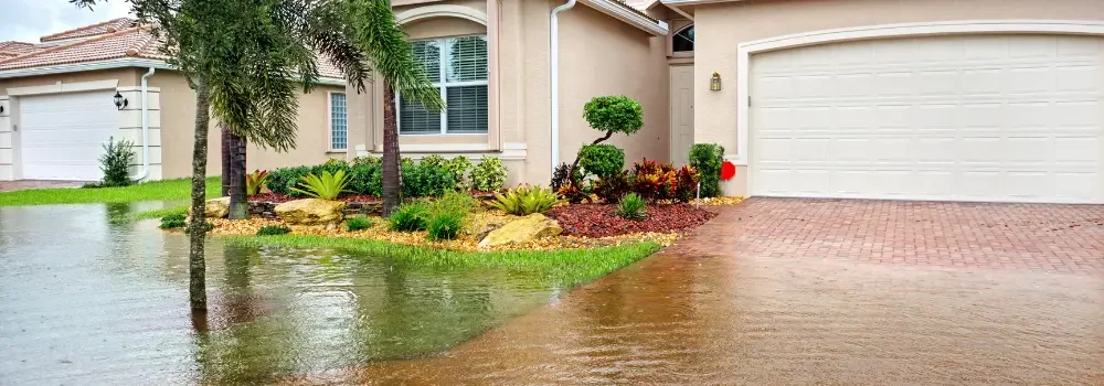 Floodwater surrounding a Louisiana home's driveway and landscaping after a hurricane