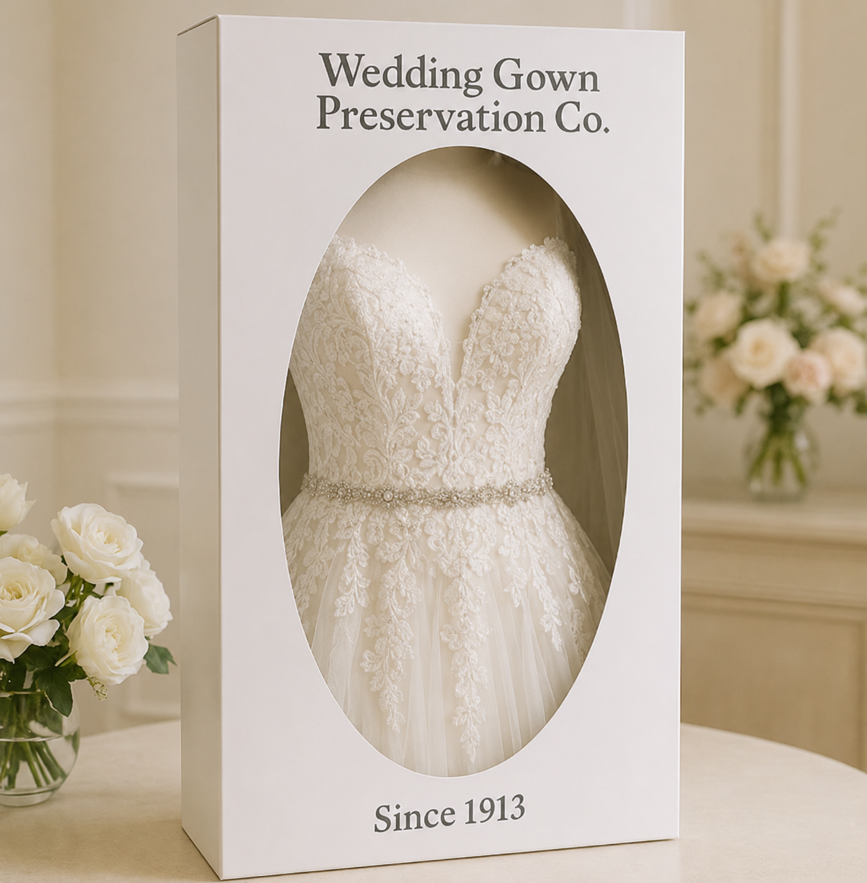 A wedding gown inside a display box labeled "Wedding Gown Preservation Co." with the text "Since 1913" at the bottom. The gown is white with lace details and a beaded belt.
