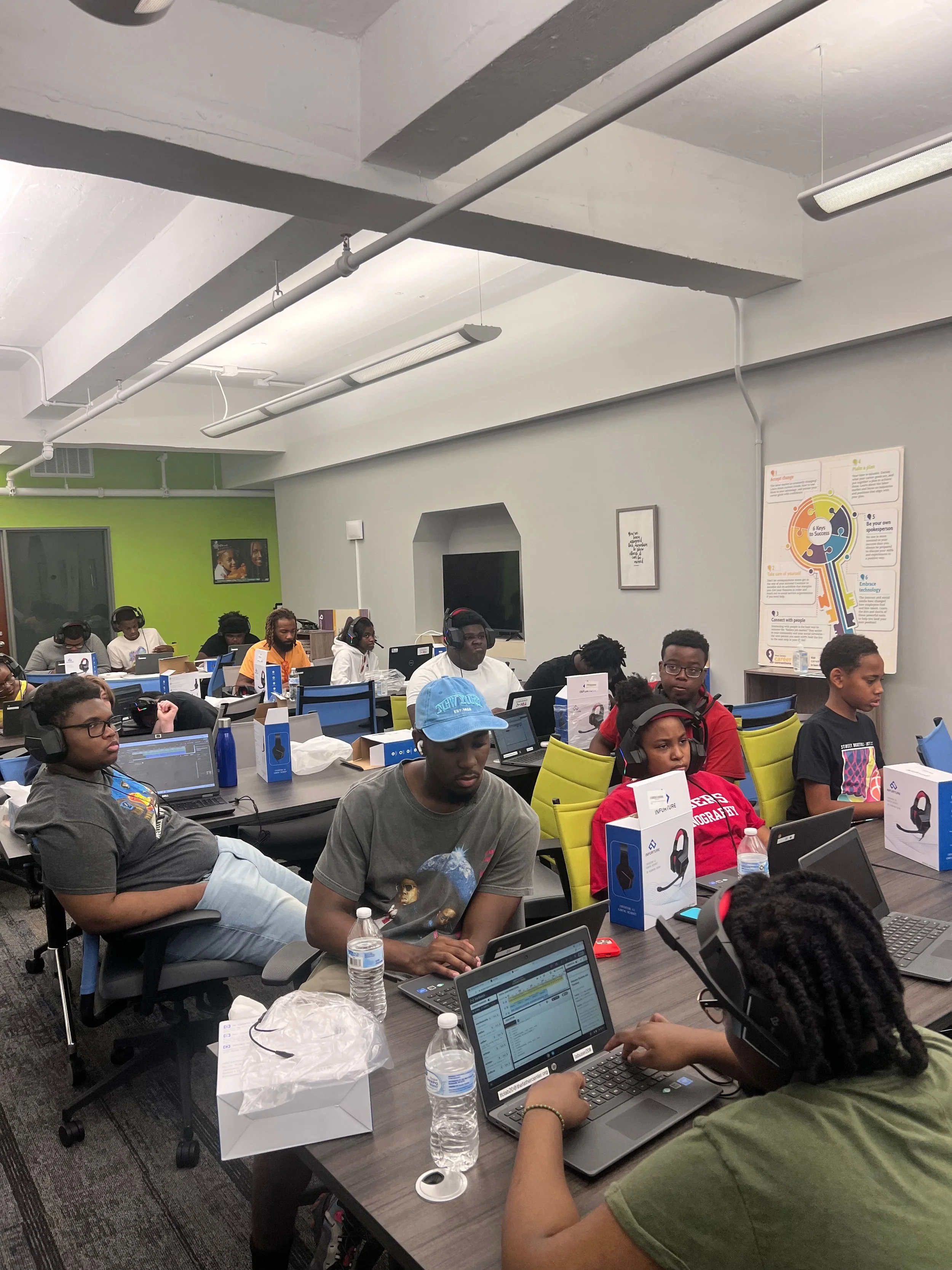 Youth on laptops in classroom.