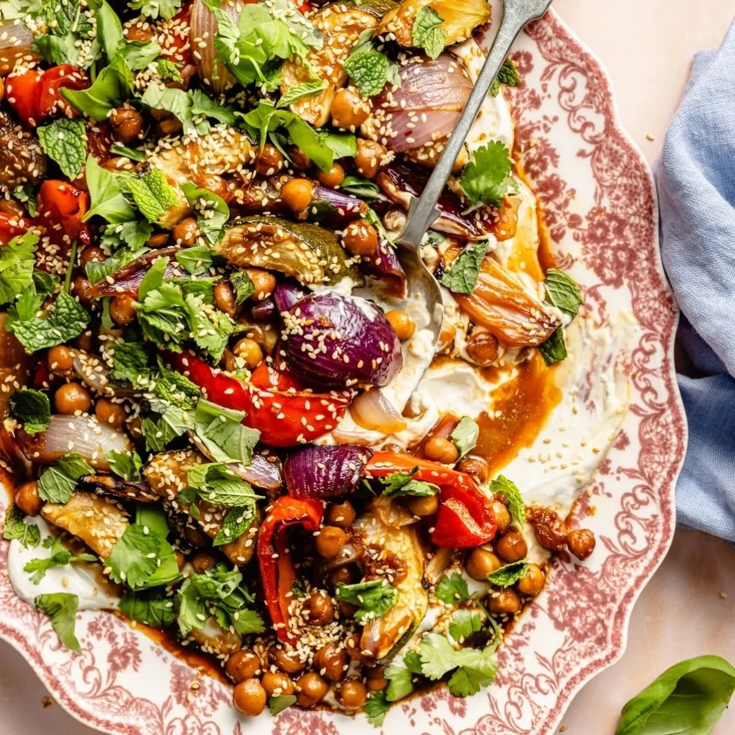 Sesame Roasted Vegetables and Chickpeas with Garlic Tahini Yogurt Sauce