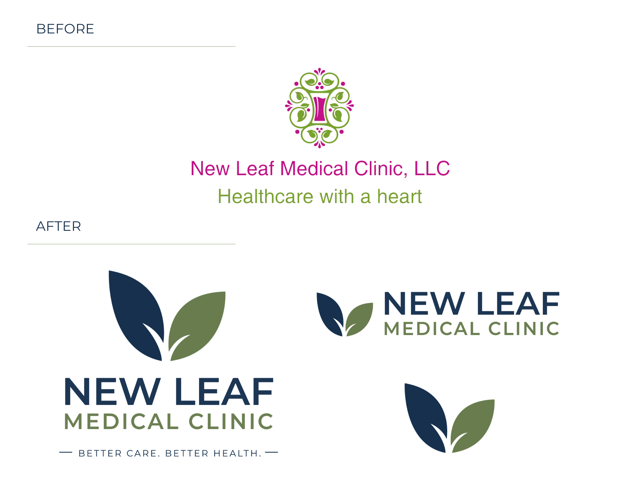 As New Leaf Medical Clinic grew by offering specialized treatments for both men and women, as well as introducing a new male practitioner, they decided to refresh their brand. They wanted to make sure the new logo fit an established, professional, tr