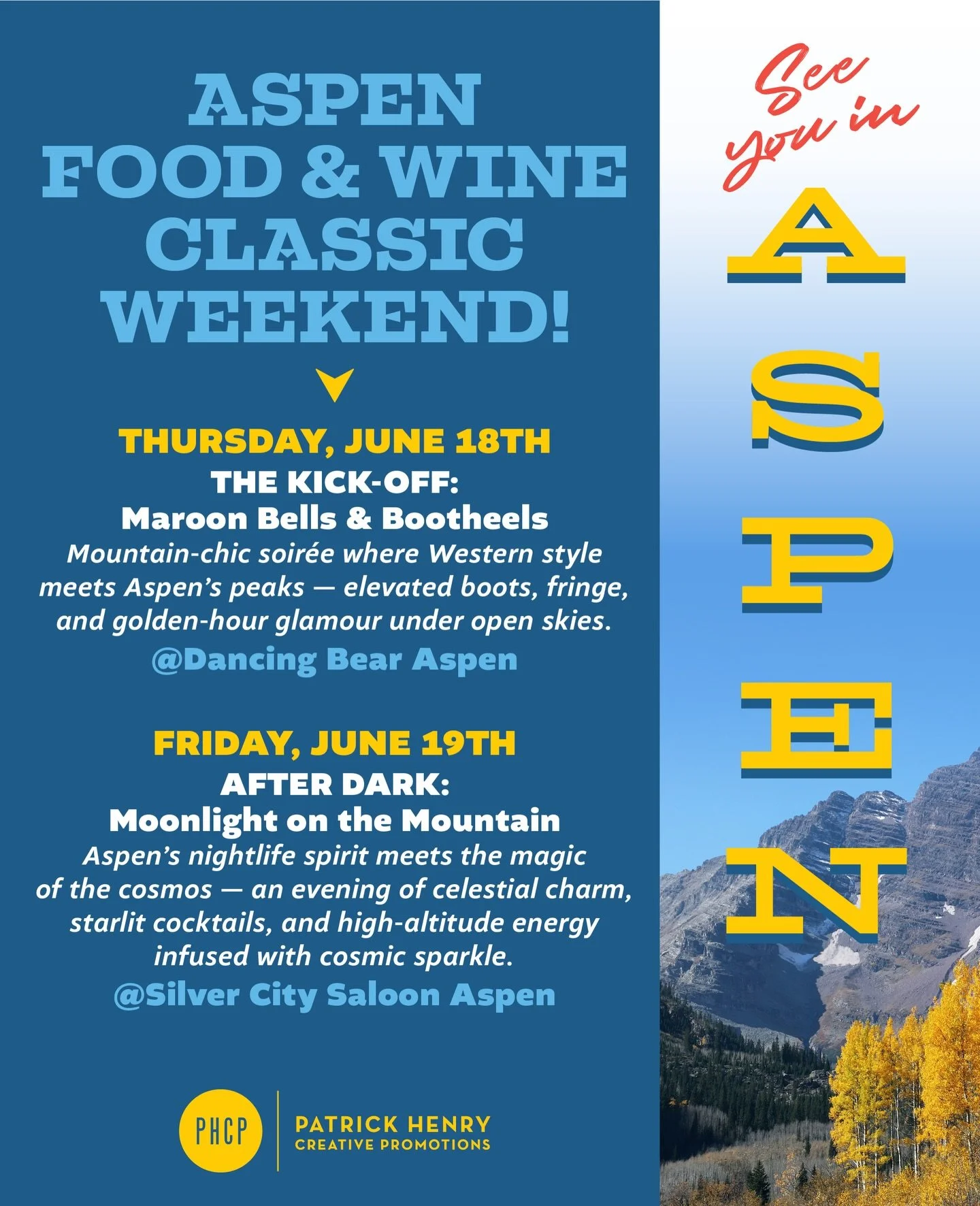 Back by Popular Demand! 

PHCP is thrilled to return to the 2026 Aspen Food &amp; Wine Classic, bringing back our signature, must-attend events!

🔥JOIN US FOR:
🤠 The Kick-Off at Dancing Bear
✨After Dark at Silver City Saloon

Connect with top on-pr