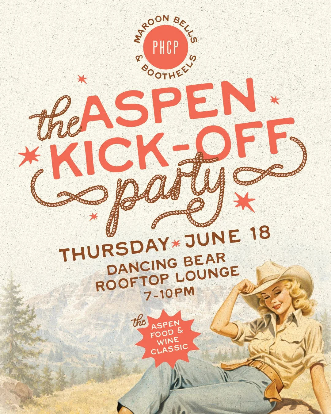 Just over a month to go. 🔥✨
Two nights. One unforgettable weekend in Aspen.

THURSDAY, JUNE 18
7:00-10:00PM
⛰️ The Kick-Off: Maroon Bells &amp; Bootheels
Western glam meets Aspen magic&mdash;fringe, boots, and golden-hour perfection beneath the peak