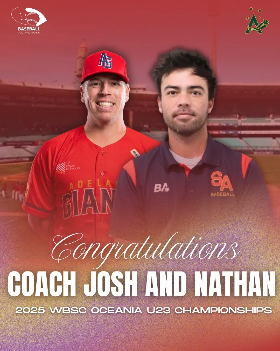 Congratulations to Josh Tols and Nathan van der Linden on being selected as part of the Team Australia coaches for the 2025 WBSC Oceania U23 Championships! 💚💛

Nov 6&ndash;9 | Blacktown | AUS vs Guam

#BaseballSA #TeamAustralia #WBSCU23 #ProudSA #C