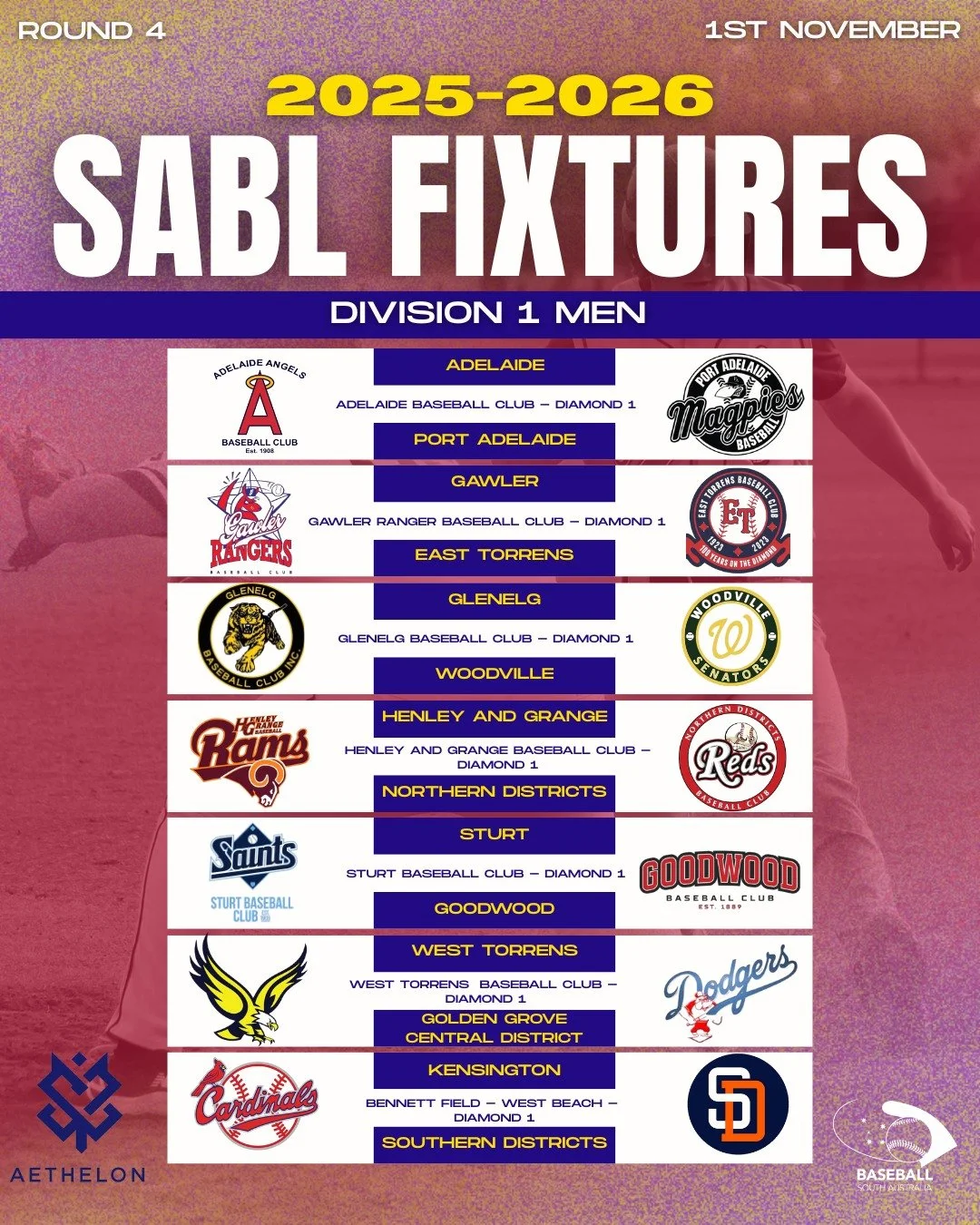 ⚾ Round 4 is here!
Another exciting weekend of baseball is coming your way as our SABL Aethelon Division One Men&rsquo;s teams hit the diamond 💥

📲 Check out the full fixtures here:  websites.mygameday.app

📸 Don&rsquo;t forget to tag us in your g