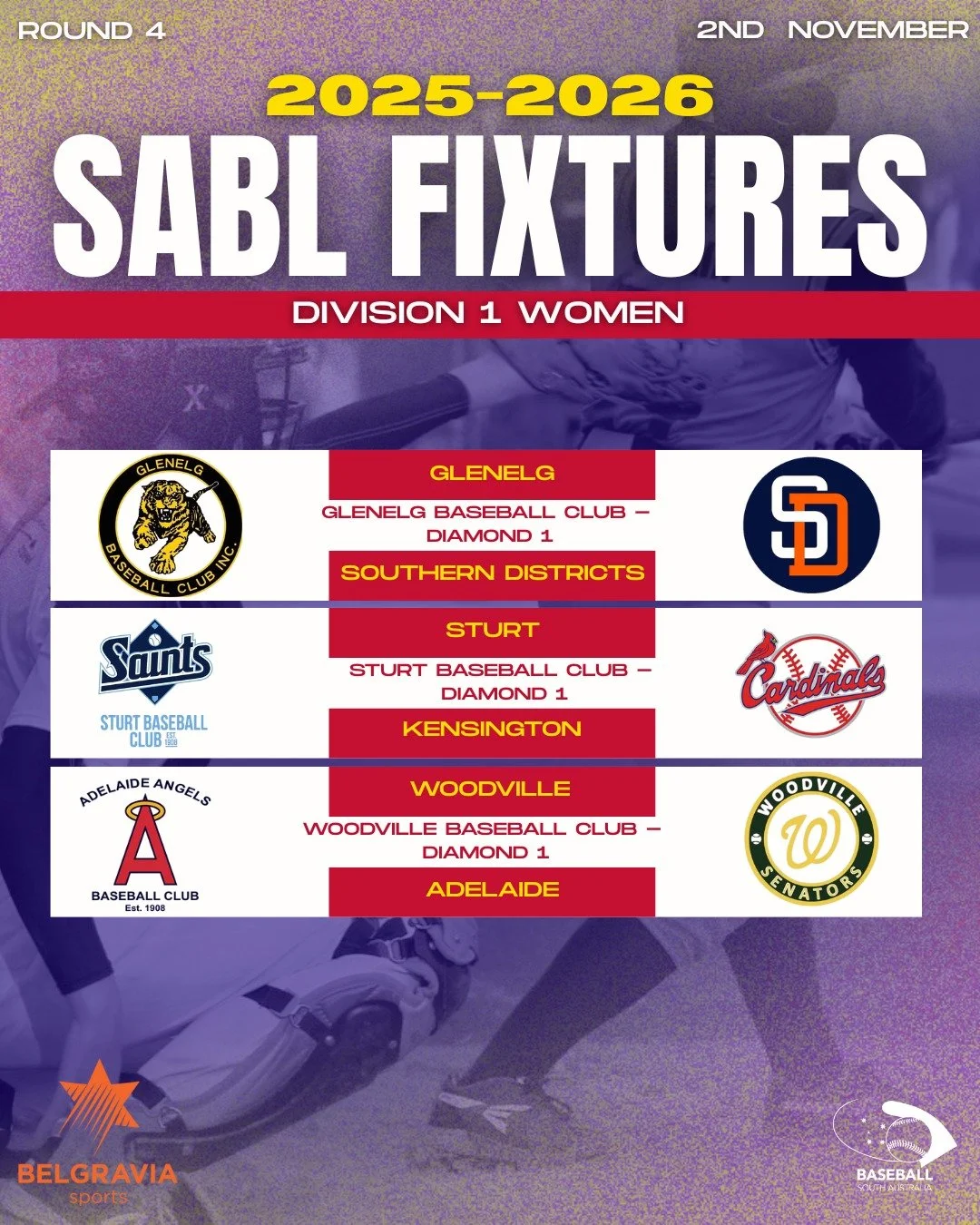 ⚾ Round 4 is here!
Check out this week&rsquo;s matchups in the SABL Belgravia Apparel Division One Women&rsquo;s competition 💥

📲 For full fixture details : websites.mygameday.app

📸 Don&rsquo;t forget to tag us in your game day photos and stories
