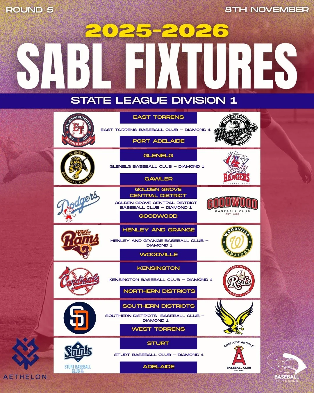 ⚾ ROUND 5 FIXTURES  SABL AETHELON STATE LEAGUE DIVISION 1 💥
It&rsquo;s a double-header weekend! 🙌

Catch all the action with Game 1 starting at 2:00pm and Game 2 from 4:30pm onwards 🕑🔥
Who&rsquo;s taking the wins this round? 👀

🔗 For more detai