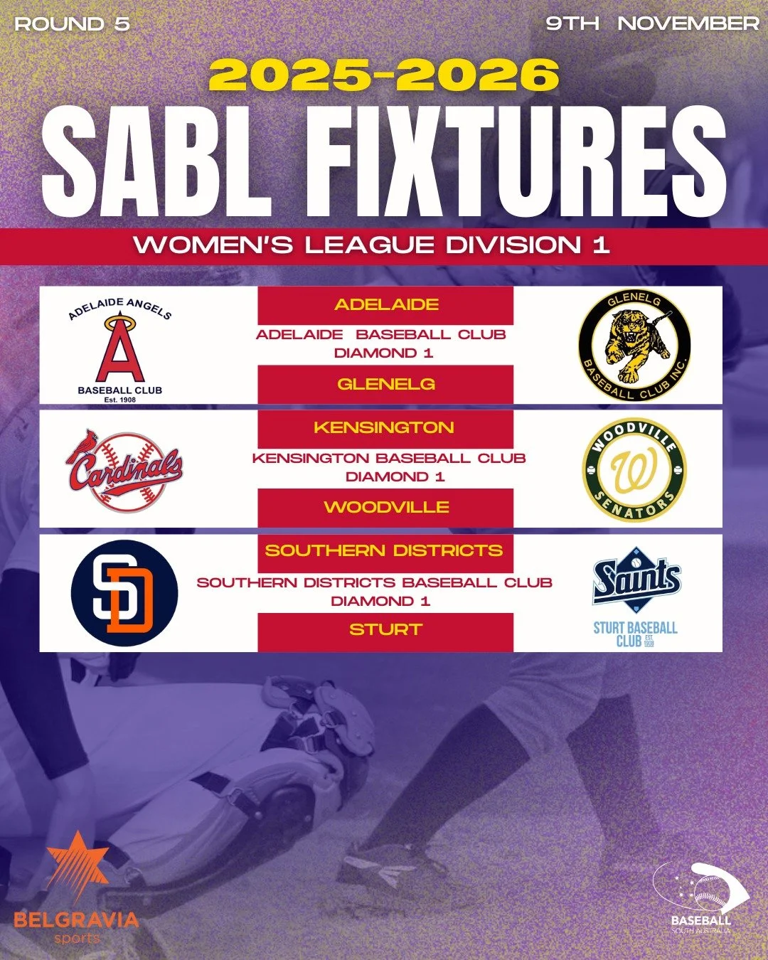 ROUND 5 FIXTURES &ndash; SABL BELGRAVIA APPAREL WOMEN&rsquo;S LEAGUE DIVISION 1 

Another big weekend of women&rsquo;s baseball coming your way! 🔥
Get ready to back your teams and catch all the action across SA ⚾✨

🔗 For full details, head to our w