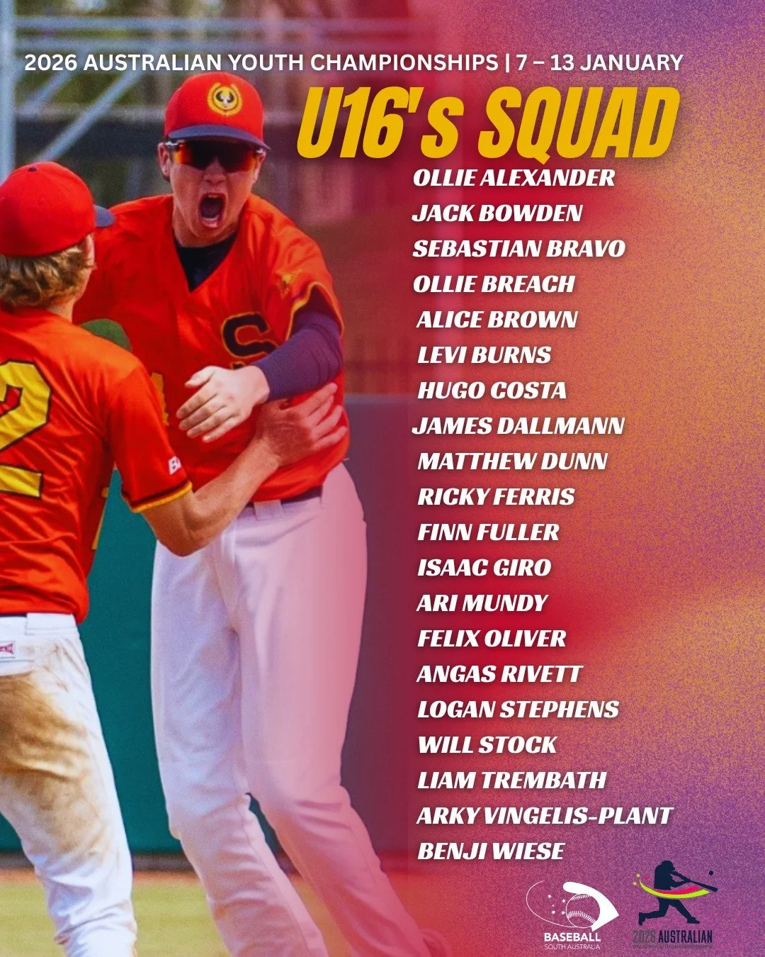 NTRODUCING OUR U16 TEAM SOUTH AUSTRALIA ⚾️

Congratulations to all the players selected to represent South Australia at the 2026 Australian Youth Championships, held in Melbourne from January 7&ndash;13! 

Your hard work and dedication have paid off 