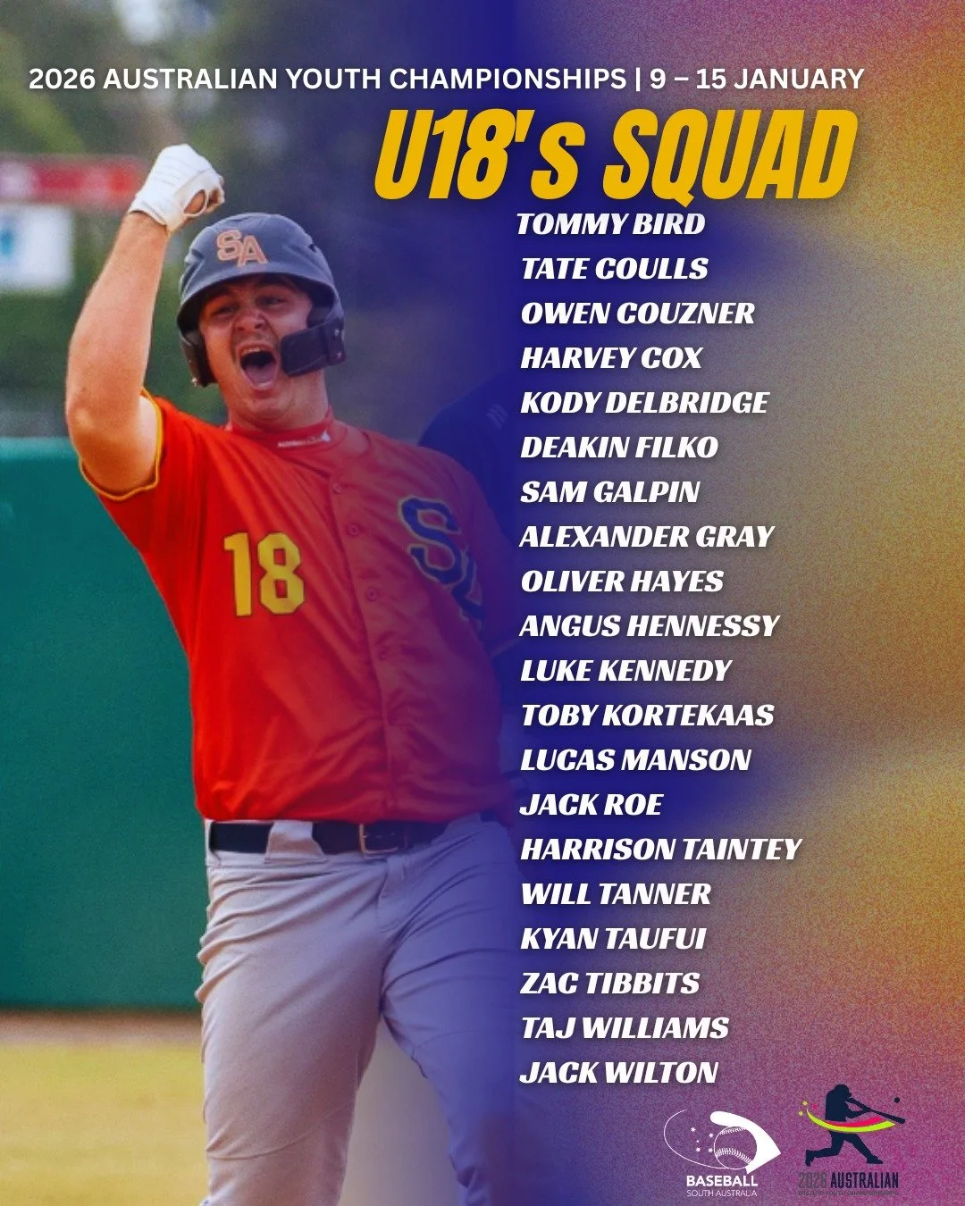 INTRODUCING OUR U18 TEAM SOUTH AUSTRALIA ⚾️

Congratulations to all the players selected to represent South Australia at the 2026 Australian Youth Championships, held in Melbourne from January 9&ndash;15! 

Your hard work and dedication have paid off
