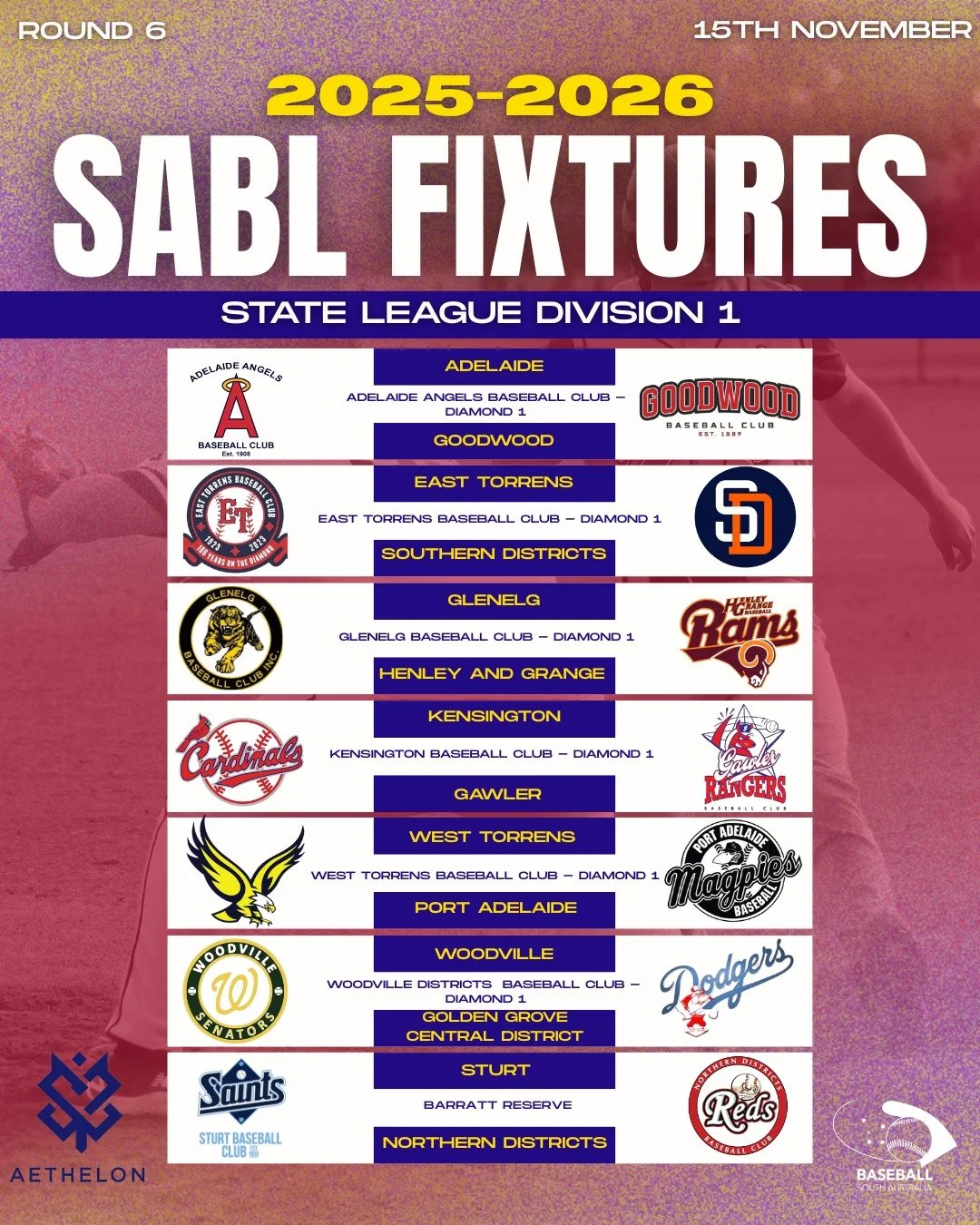 ⚾ ROUND 6 FIXTURES &ndash; SABL AETHELON STATE LEAGUE DIVISION 1 ⚾

It&rsquo;s another big week of baseball action! 💥
Game 1 kicks off this Saturday, 15th November, followed by exciting twilight matchups on Tuesday, 18th November. 🌅🔥

Don&rsquo;t 