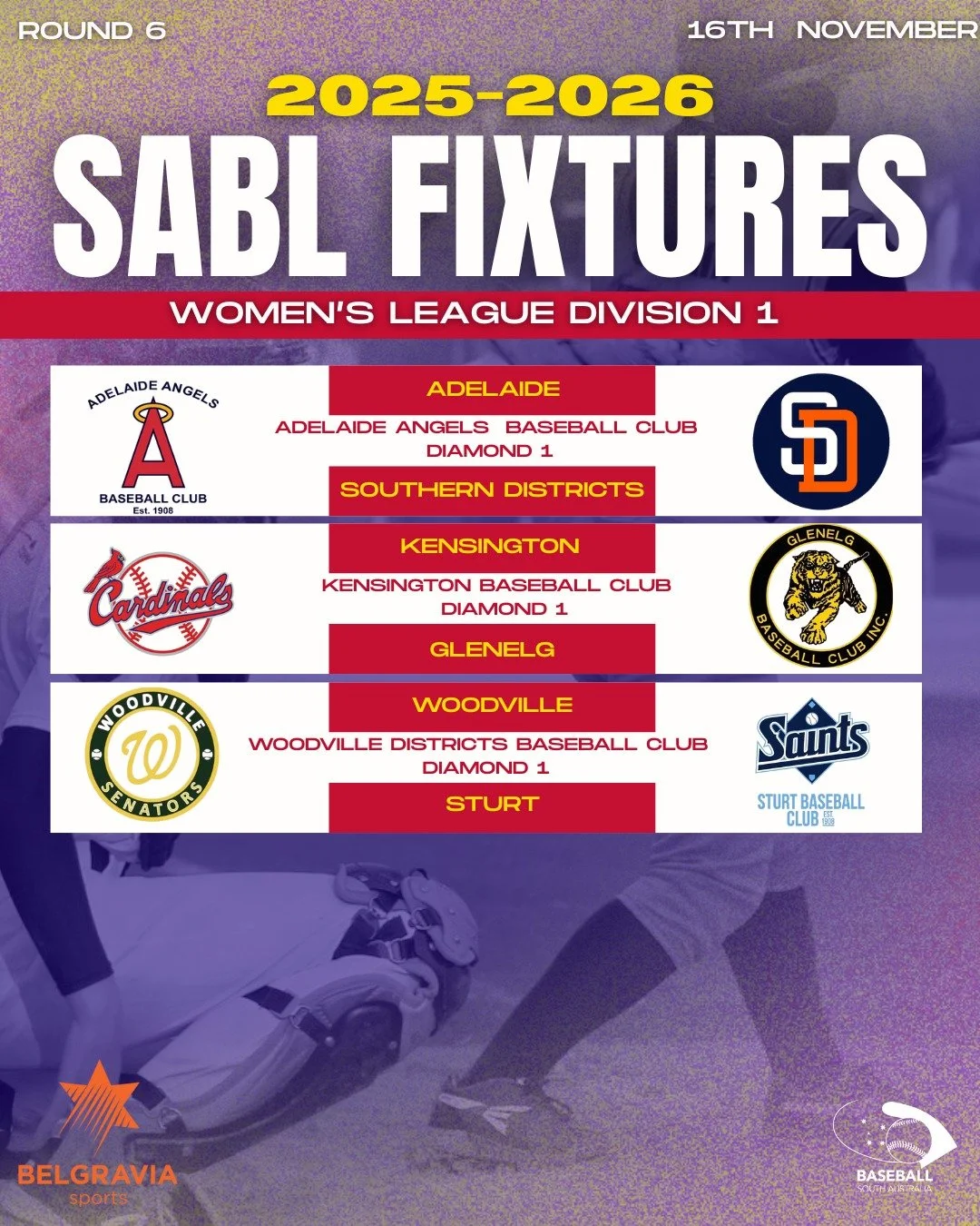 ROUND 6 FIXTURES &ndash; SABL BELGRAVIA APPAREL WOMEN&rsquo;S LEAGUE DIVISION 1

Another big weekend of women&rsquo;s baseball coming your way! 🔥
Get ready to back your teams and catch all the action across SA ⚾✨

🔗 For full details, head to our we