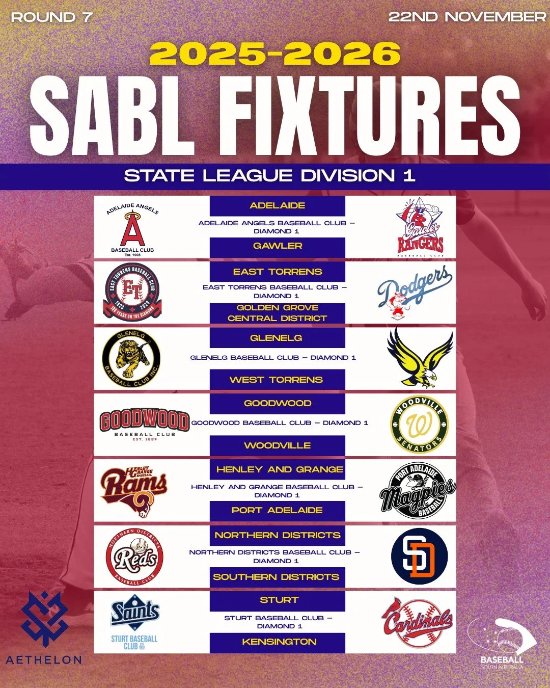 ⚾ ROUND 7 FIXTURES &ndash; SABL AETHELON STATE LEAGUE DIVISION 1 ⚾

It&rsquo;s another big week of baseball action! 💥
Game 1 kicks off this Saturday, 22ND November, followed by exciting twilight matchups on Tuesday, 25TH November. 🌅🔥

Don&rsquo;t 