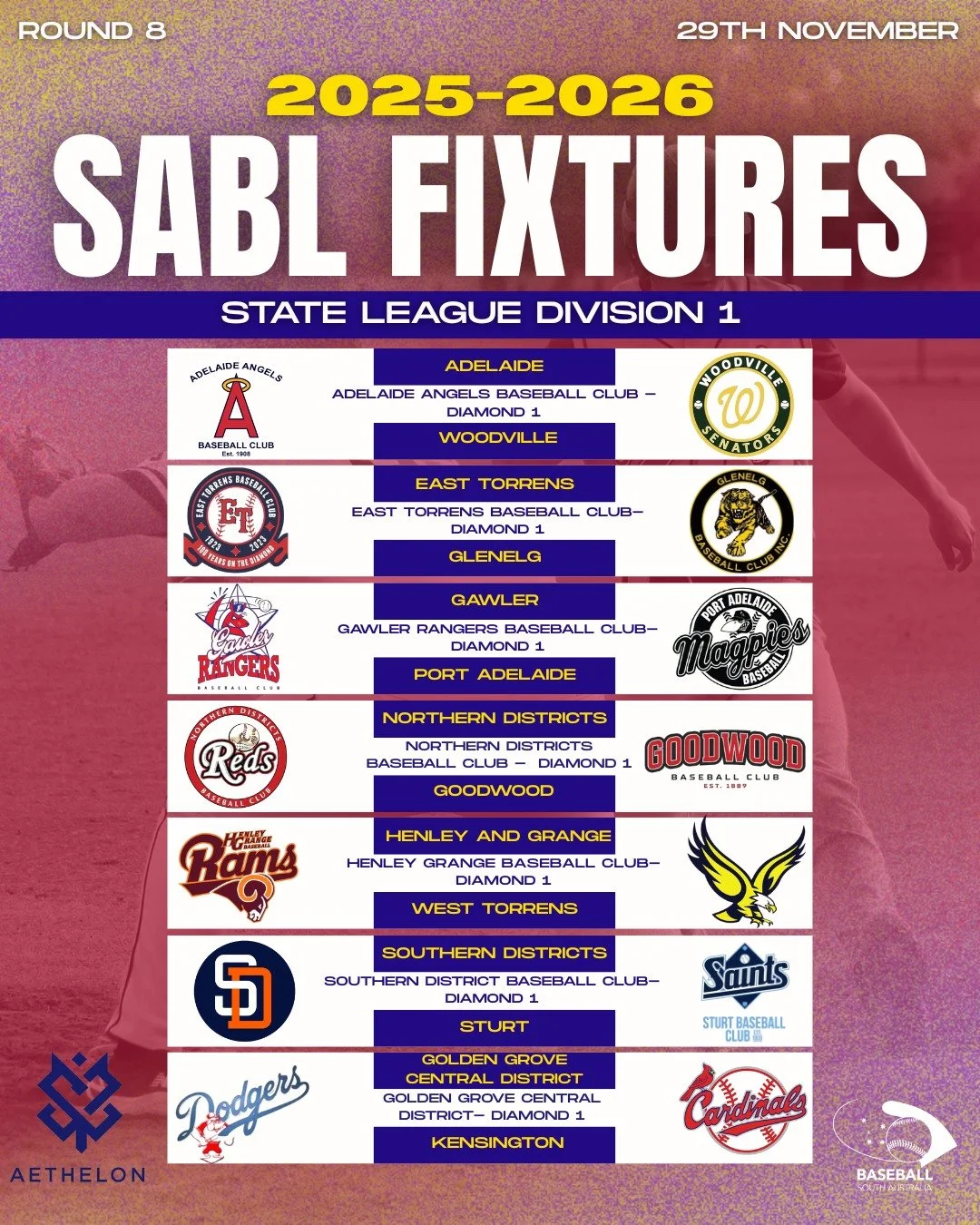 ⚾️ ROUND 8 FIXTURE | SABL AETHELON STATE LEAGUE DIVISION 1
We&rsquo;re back for Round 8 action this weekend!

Please note: Due to inclement weather, Club Round has been moved to Golden Grove Central Districts Baseball Club .

Bring the energy, back y