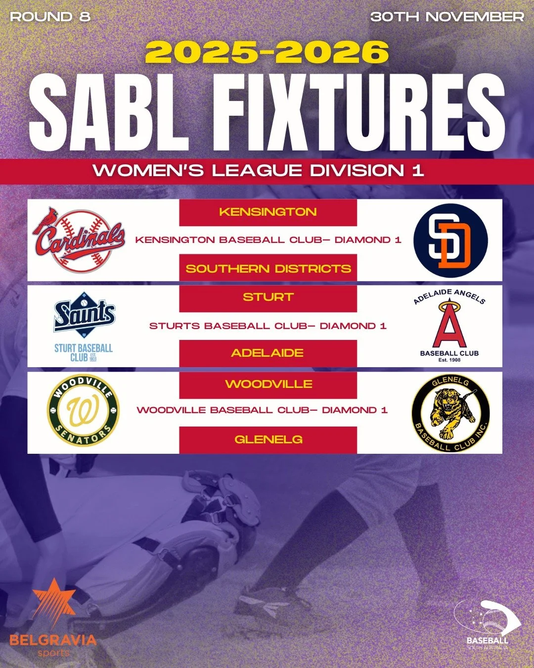 ⚾ ROUND 8 FIXTURES &ndash; SABL BELGRAVIA APPAREL WOMEN&rsquo;S LEAGUE DIVISION 1

Another big weekend of SA women&rsquo;s baseball is just around the corner! 💥
Check out who&rsquo;s going head-to-head in Round 8 and get ready for more elite talent 