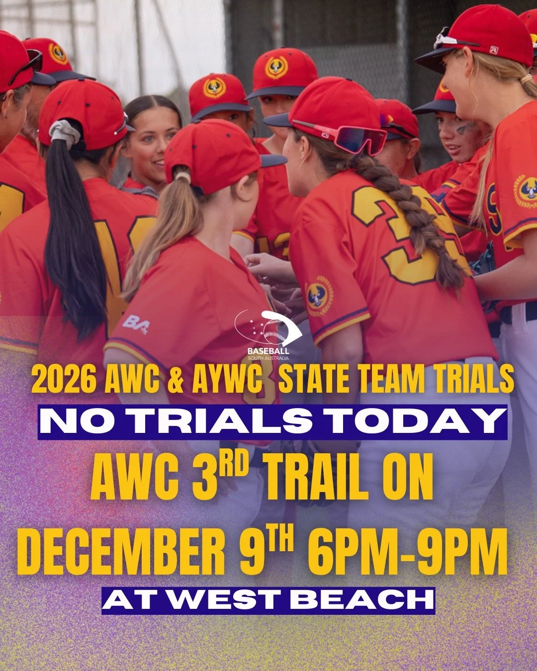 🚨 IMPORTANT TRIAL UPDATE🚨

No trials will run tonight.
The AWC Open Women will now trial on Tuesday, Dec 9 | 6&ndash;9pm | West Beach.
Players&mdash;bring full gear &amp; sneakers.

The AYWC U16s will not have a third trial.
Thanks to all athletes 