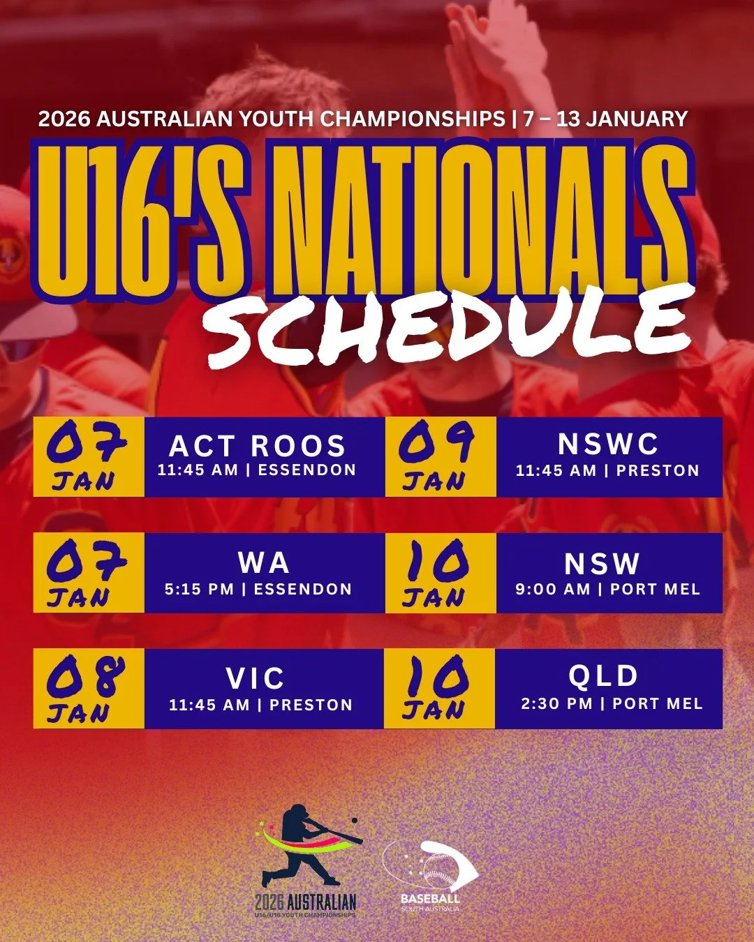 📣 TEAM SOUTH AUSTRALIA U16 NATIONALS SCHEDULE IS HERE!
We&rsquo;re gearing up for the 2026 Australian Youth Championship! ⚾⚾
🗓 7&ndash;13 January 2026
📍 Melbourne

 Check out when our SA boys hit the diamond. Let&rsquo;s get behind them as they ta