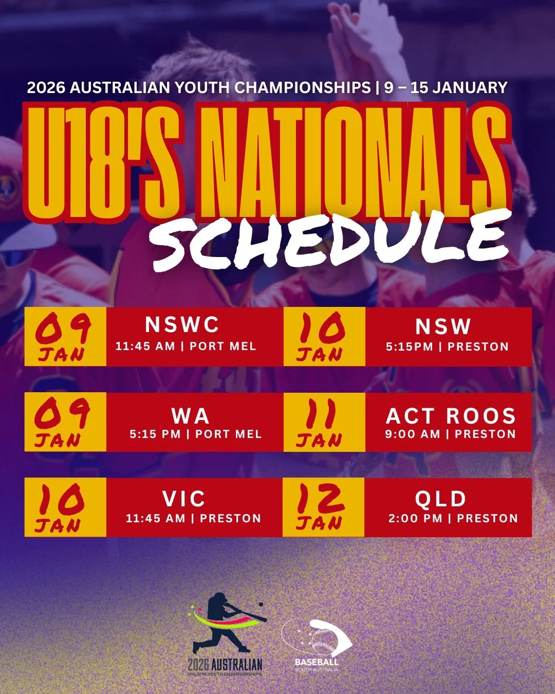 U18 TEAM SA IS READY FOR NATIONALS!
The schedule for the 2026 Australian Youth Championships is LIVE! ⚾🔥
🗓 Jan 9&ndash;15
📍 Melbourne

Let&rsquo;s rally behind our U18 athletes as they chase national success! 👏
#TeamSA #BaseballSA #YouthNationals