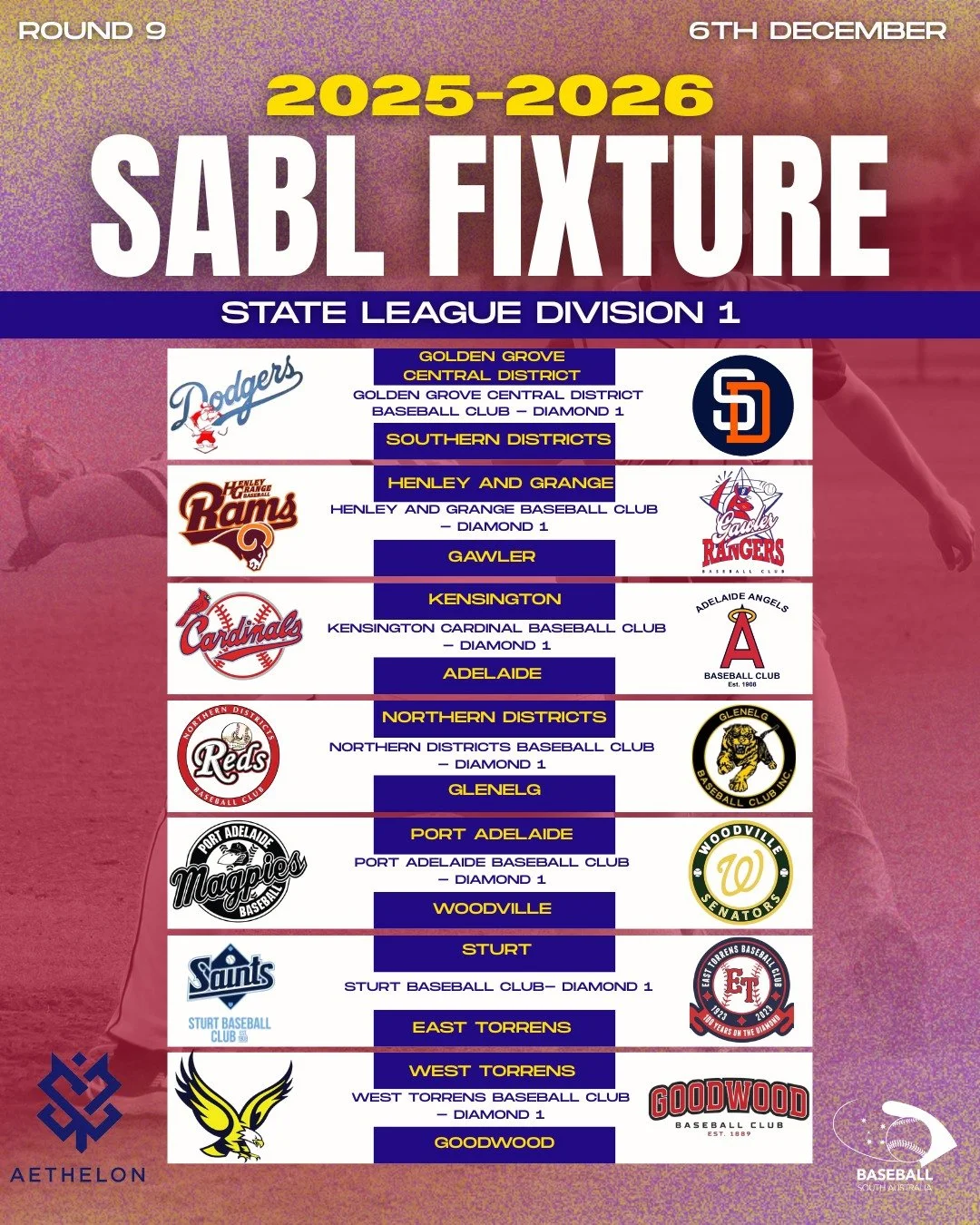 ⚾️ ROUND 9 is here!!

SABL Aethelon State League Division 1 action continues this week.
Swipe for fixtures and get out to support your club! 🔥

#SABL #BaseballSA #Round9 #StateLeague