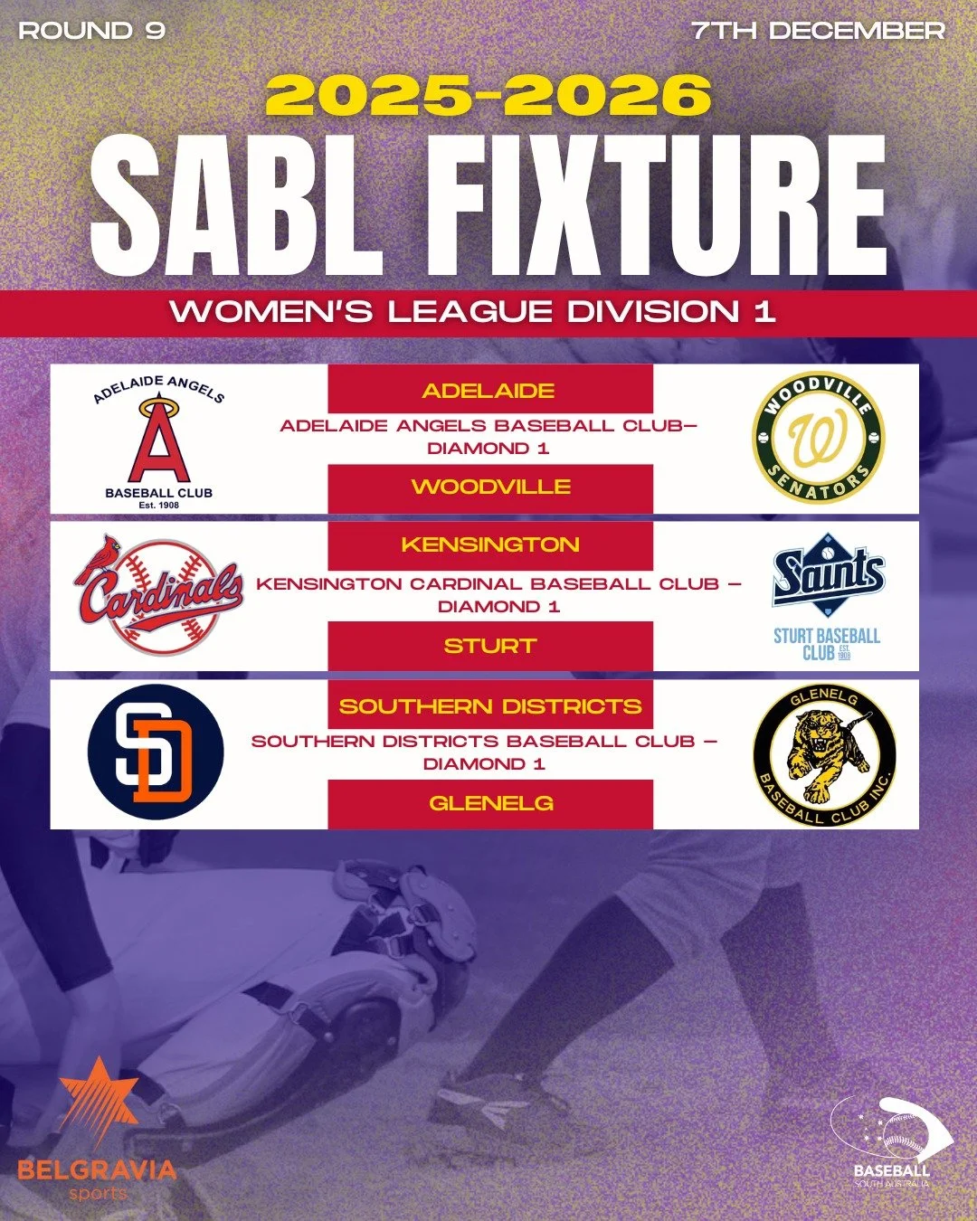 ⚾ ROUND 9 FIXTURES &ndash; SABL BELGRAVIA APPAREL WOMEN&rsquo;S LEAGUE DIVISION 1

Another big week of Women&rsquo;s Division 1 baseball is here!
Get behind your favourite teams and show your support as they hit the diamond for Round 9. 💥💛
Let&rsqu