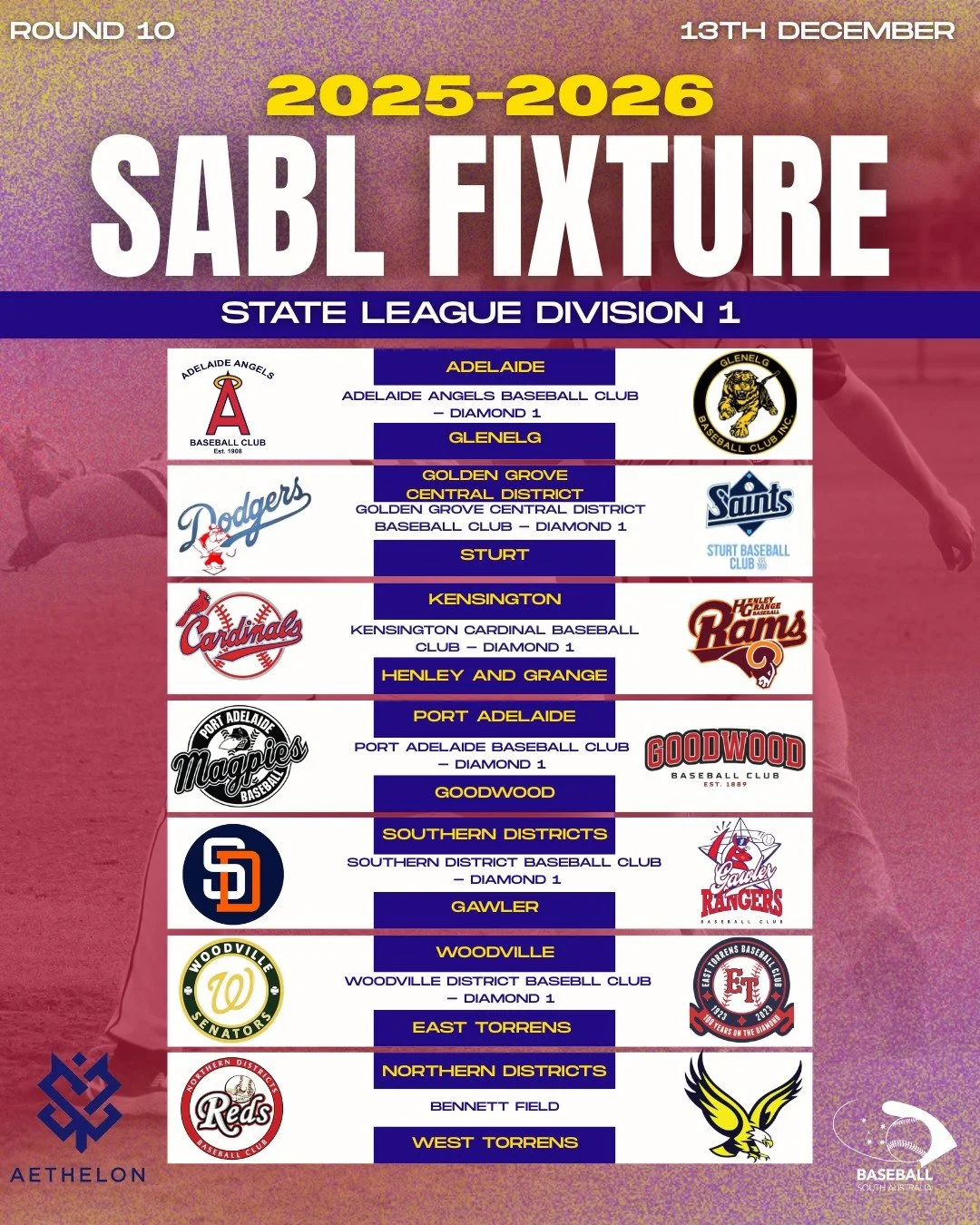 ⚾ ROUND 10 FIXTURES &ndash; SABL AETHELON STATE LEAGUE DIVISION 1 ⚾

Another massive week of State League action is here! 💥⚾

Game 1 kicks off this Saturday, with a  twilight showdown on Tuesday, 16th December. 🌅🔥

Don&rsquo;t miss a moment &mdash