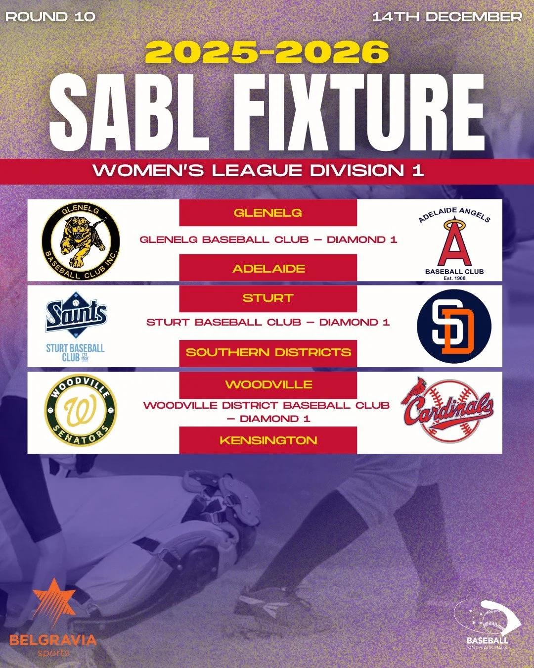 ⚾ ROUND 10 FIXTURES &ndash; SABL BELGRAVIA APPAREL WOMEN&rsquo;S LEAGUE DIVISION 1

Round 10 is here and our Women&rsquo;s Division 1 teams are ready to bring the heat! 💥💛
Rally behind your club and show your support as they take the field this wee