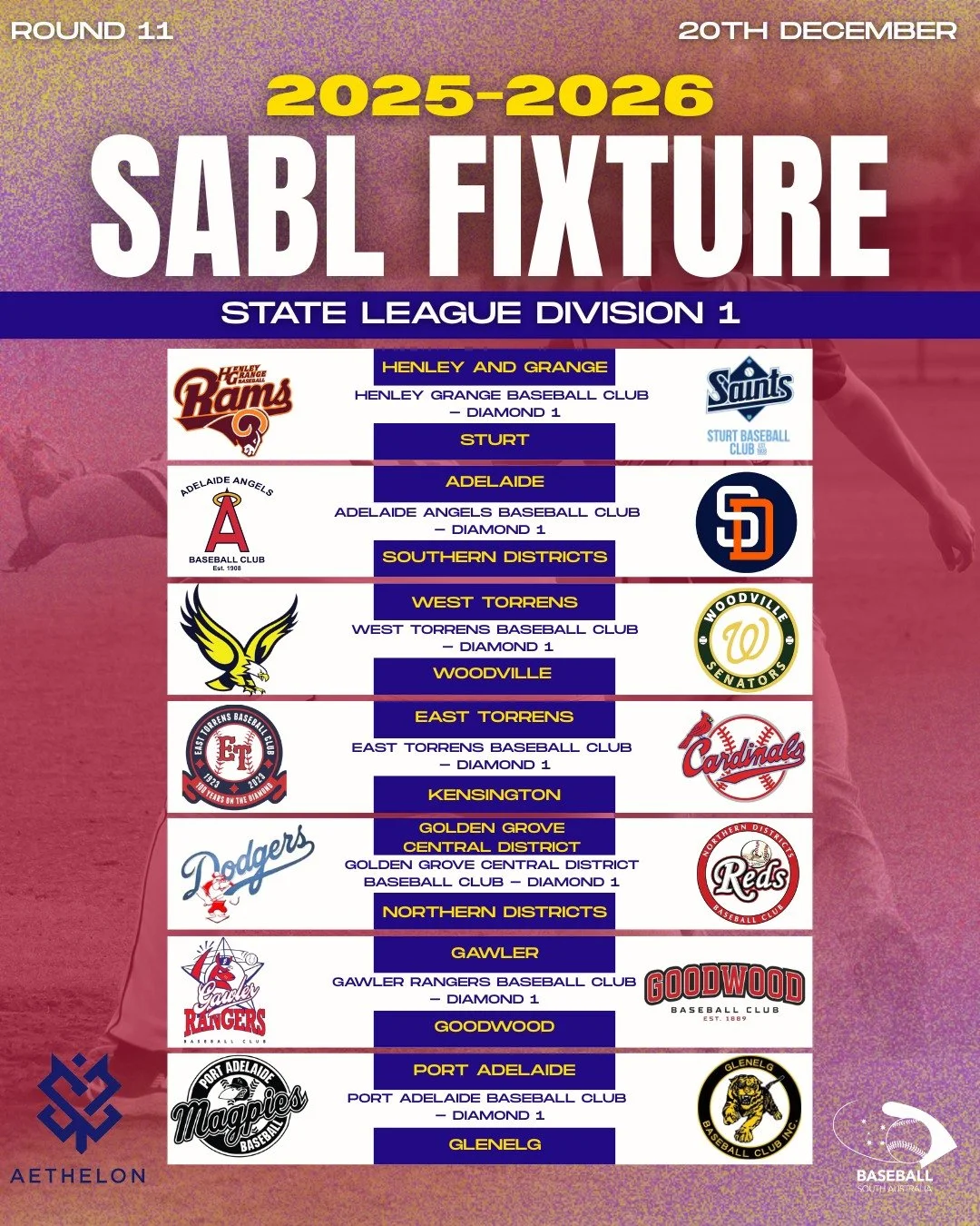 ⚾ ROUND 11 FIXTURES &mdash; SABL AETHELON STATE LEAGUE DIVISION 1 💥
It&rsquo;s another double-header showdown this weekend! 🙌

Game 1 gets underway in the afternoon, followed by a high-energy second clash later in the day 🕑🔥
Two games. One round.