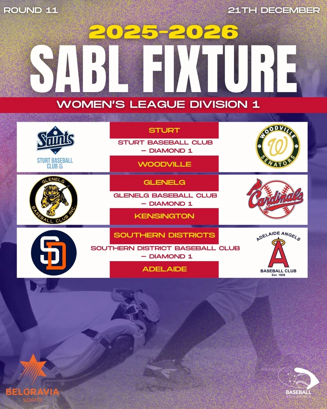 ⚾ ROUND 11 FIXTURES &ndash; SABL BELGRAVIA APPAREL WOMEN&rsquo;S LEAGUE DIVISION 1

Round 11 action is locked in and the Women&rsquo;s Division 1 competition is heating up! 💥💛
Get behind your club and bring the energy as teams battle it out on the 