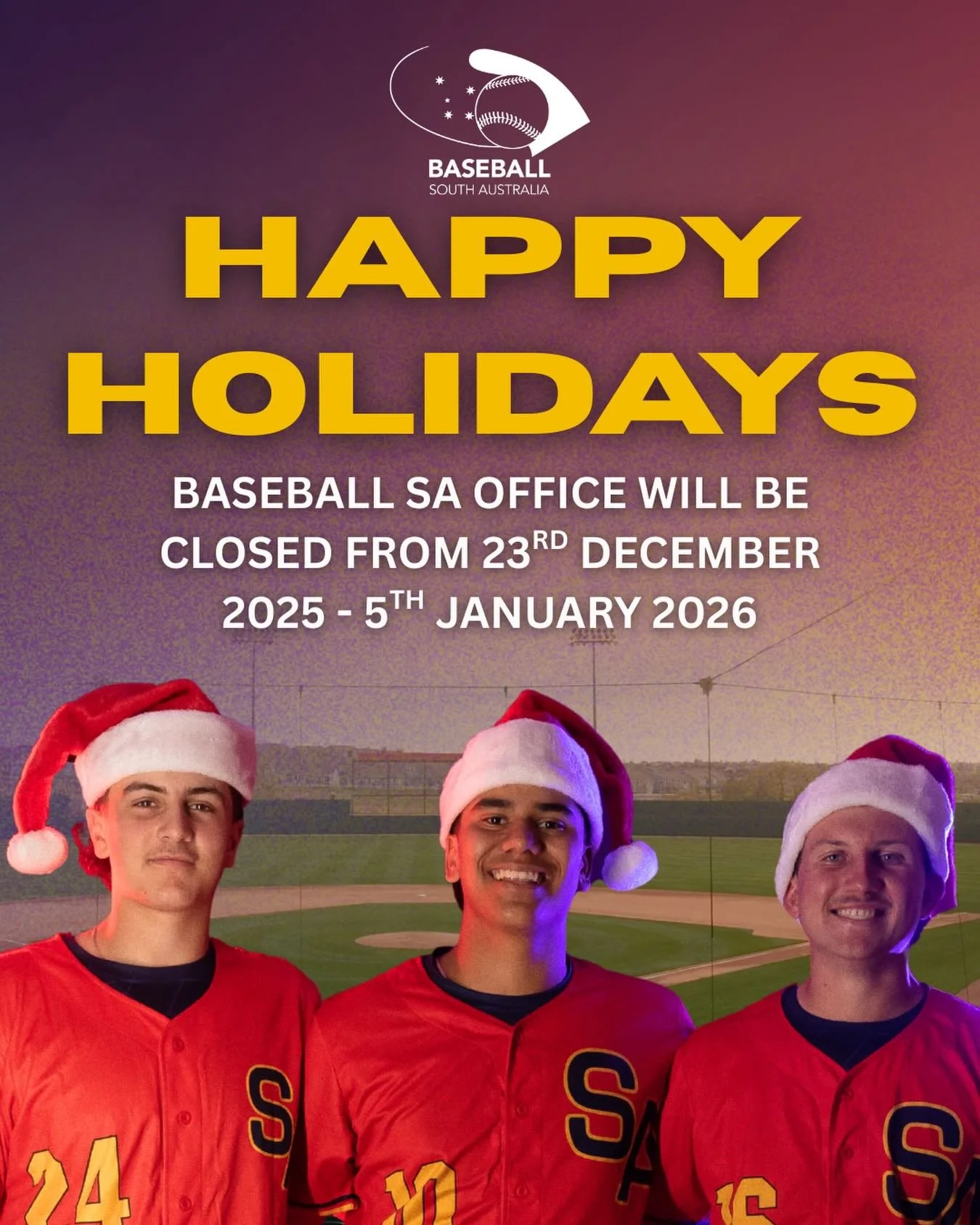 🎄⚾ Season&rsquo;s Greetings from Baseball South Australia ⚾🎄

Wishing our baseball community a Merry Christmas and a safe, happy New Year. Thank you for an incredible season so far &mdash; we can&rsquo;t wait to see what 2026 brings! 🙌✨

📌 Office
