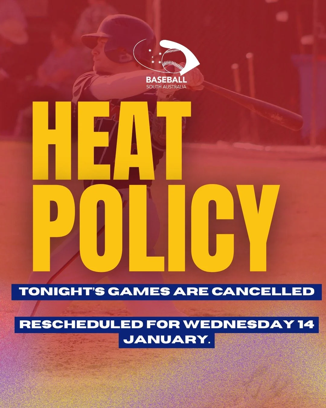 🚨 HOT WEATHER POLICY IN EFFECT 🚨
With Adelaide reaching 42.5&deg;C, the Hot Weather Policy has been activated.
All Women&rsquo;s Division 1 games tonight are cancelled and will be rescheduled for Wednesday 14 January.
Player and official safety rem